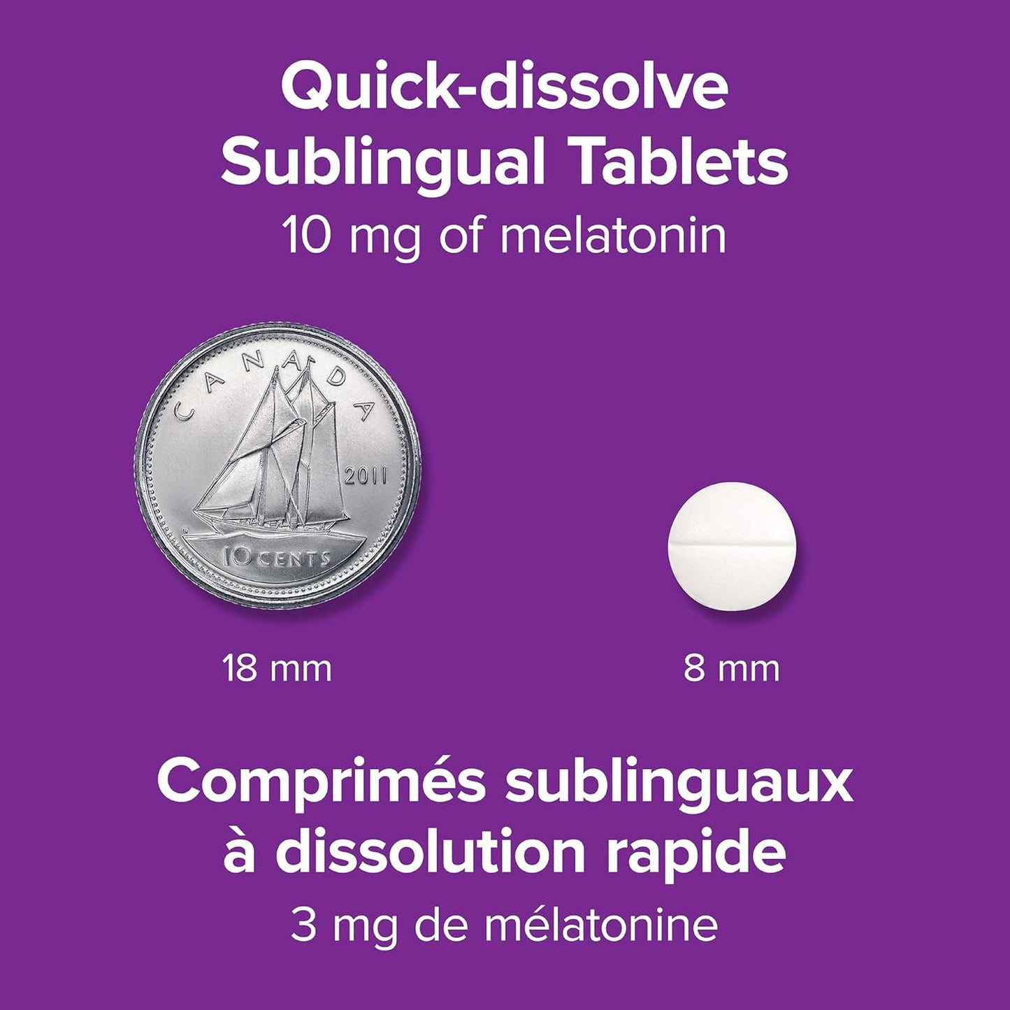 Quick-dissolve sublingual tablets with size comparison to a Canadian coin on a purple background