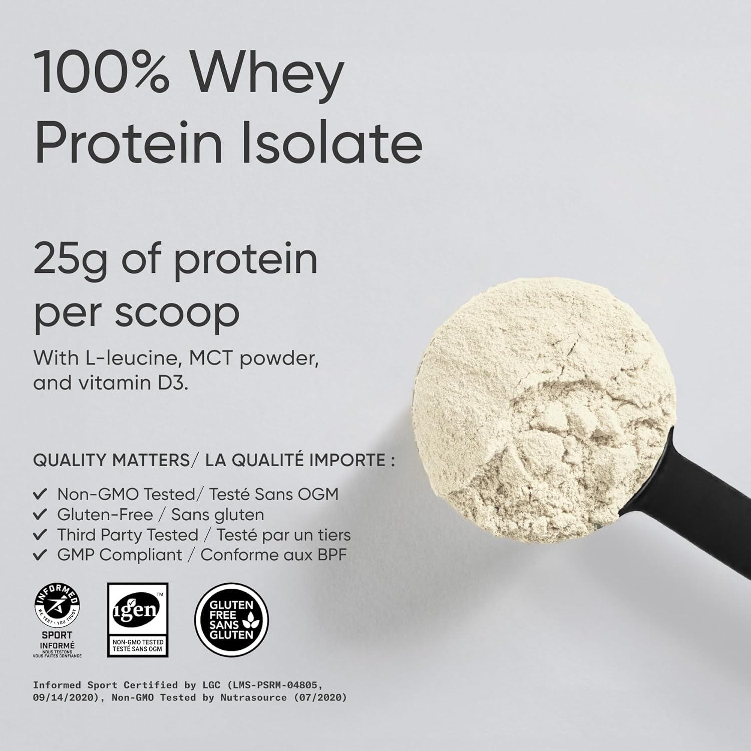 Protein powder scoop with protein powder on a gray background, featuring text about protein content and quality certifications.