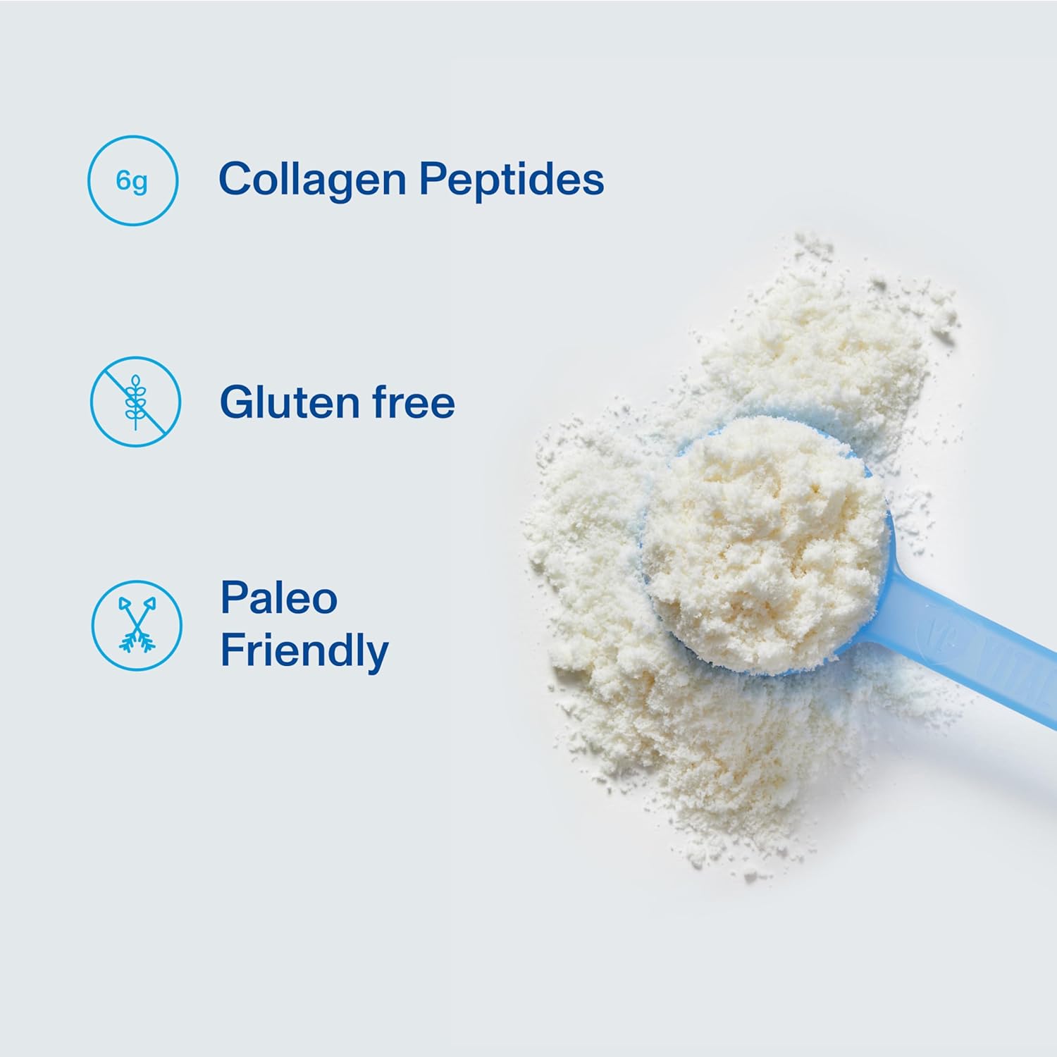 Collagen peptides powder with a scoop on a light blue background, featuring text about collagen peptides, gluten-free status, and Paleo friendliness.