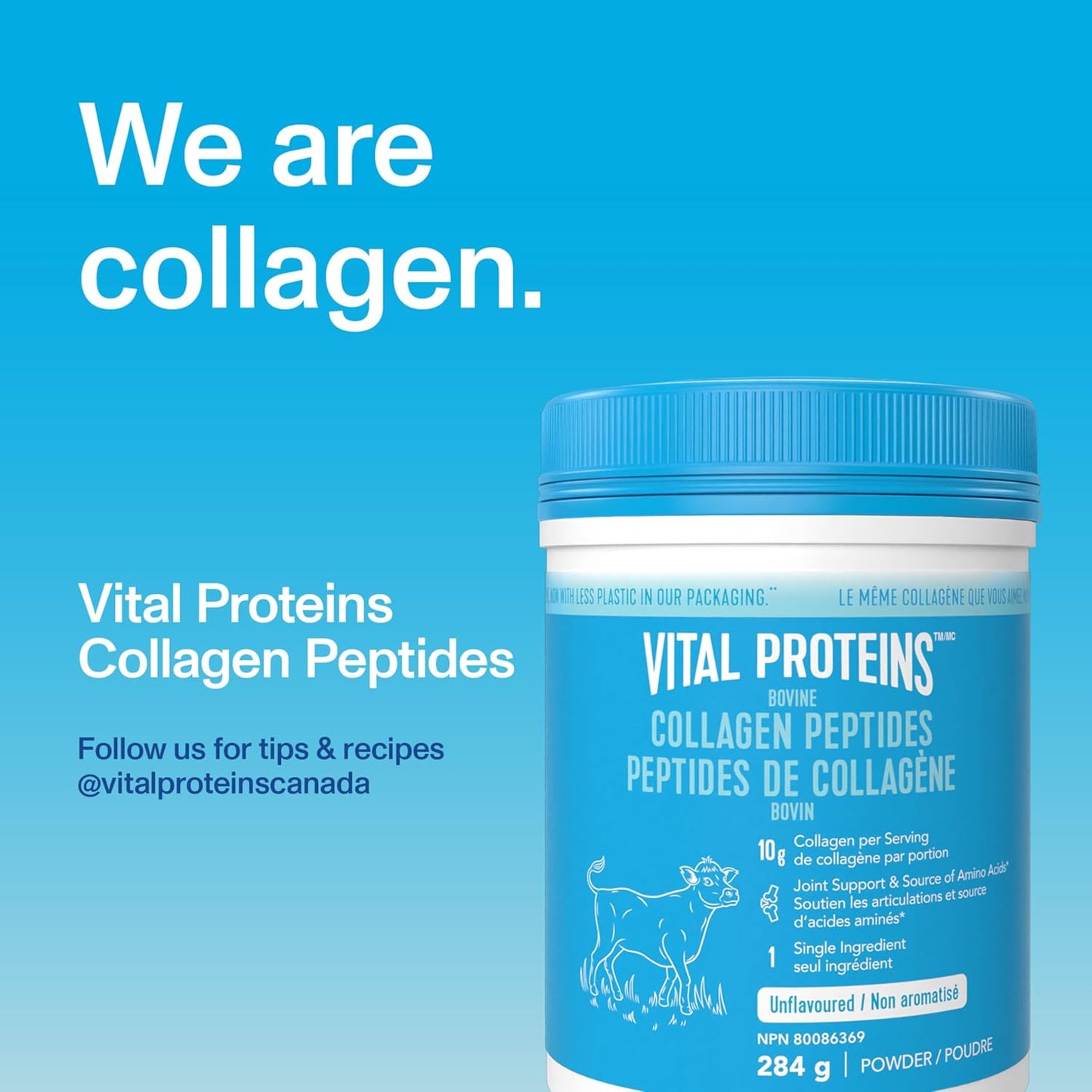 Vital Proteins Collagen Peptides container on a blue background with text.