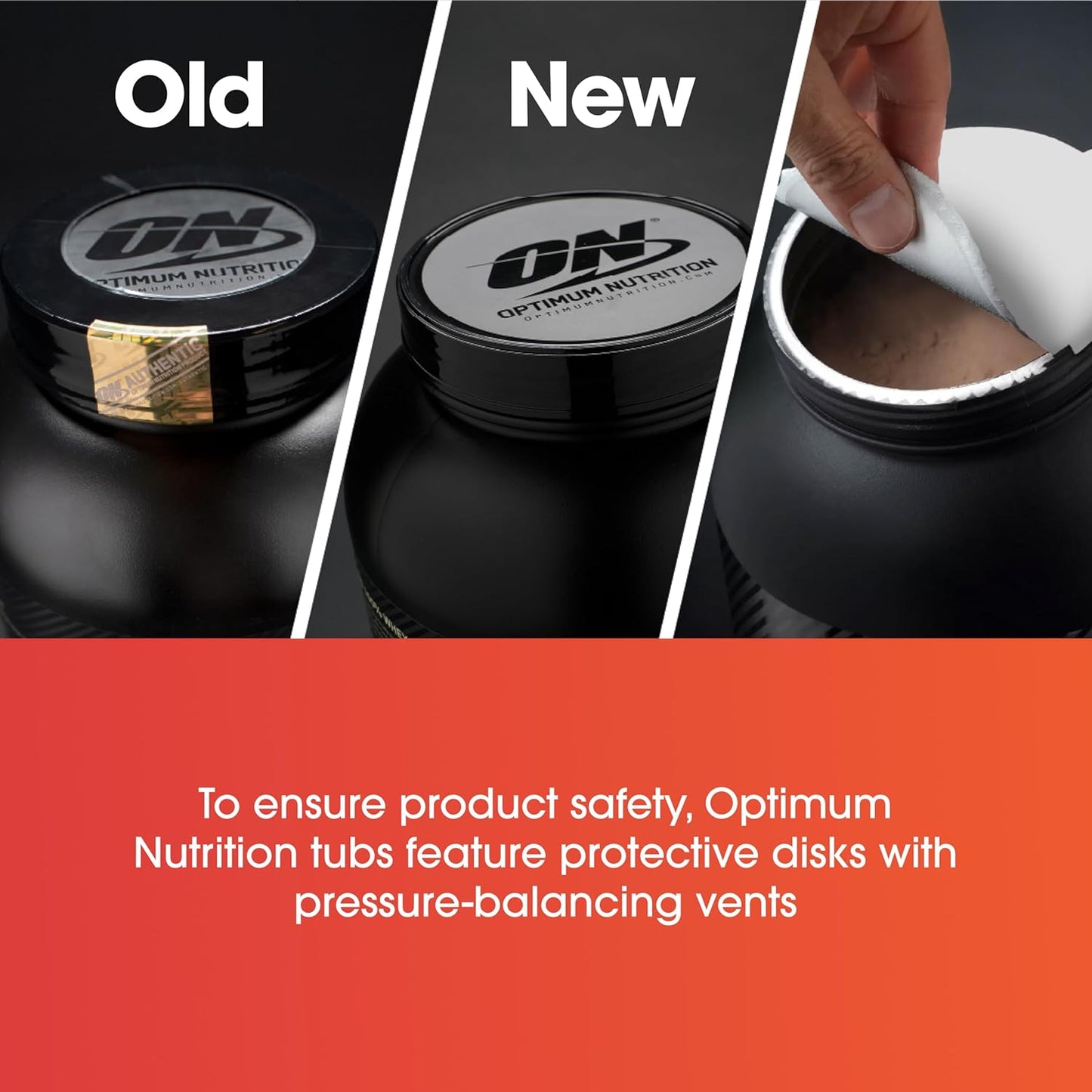 Comparison of Optimum Nutrition product packaging with 'Old' and 'New' labels, showing a hand opening a container.