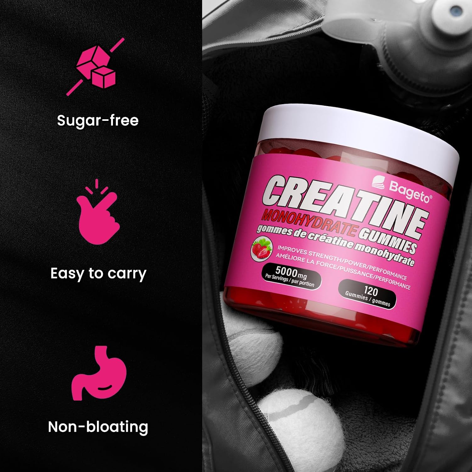 Pink container of Bageto Creatine Monohydrate Gummies with features listed on a black background.
