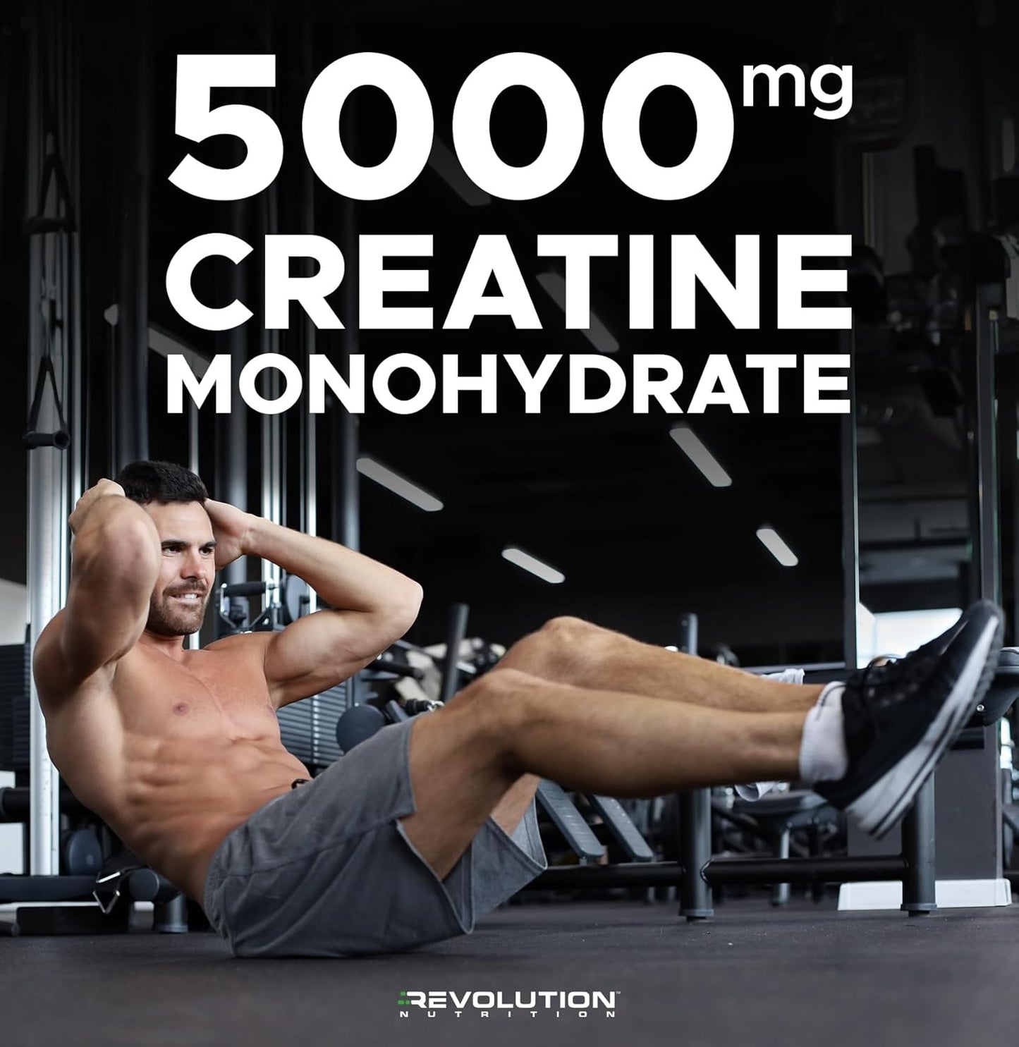 Man exercising in a gym with text about 5000mg creatine monohydrate and Revolution brand.