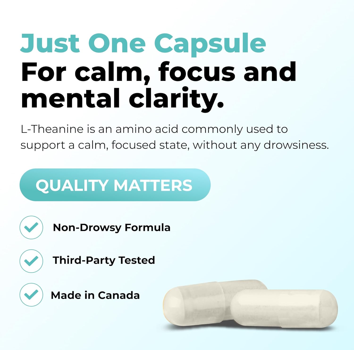 Advertisement for a supplement capsule with text about calm, focus, and mental clarity.