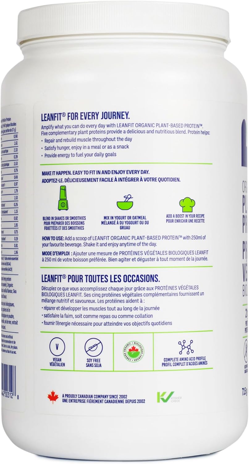 Back view of a protein powder container with text and branding