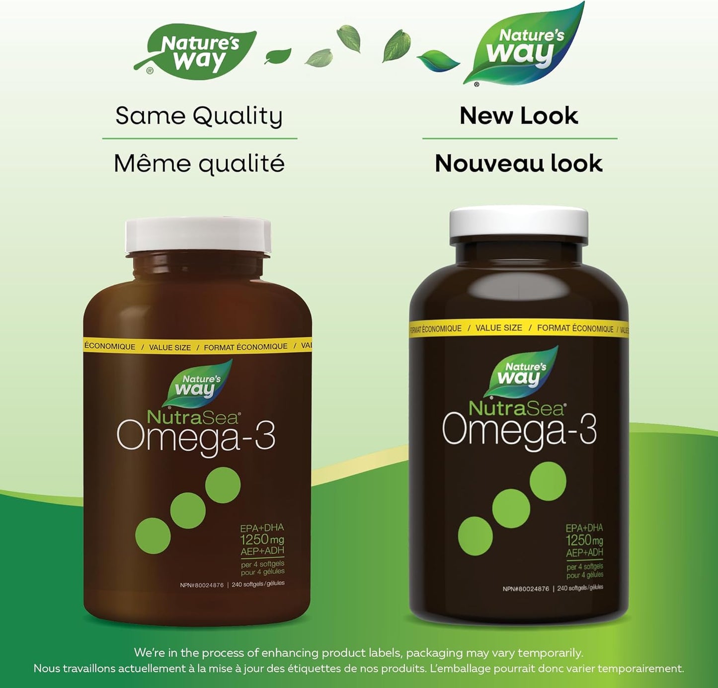 Two bottles of Nature's Way NutraSea Omega-3 on a green background with text indicating a new look.