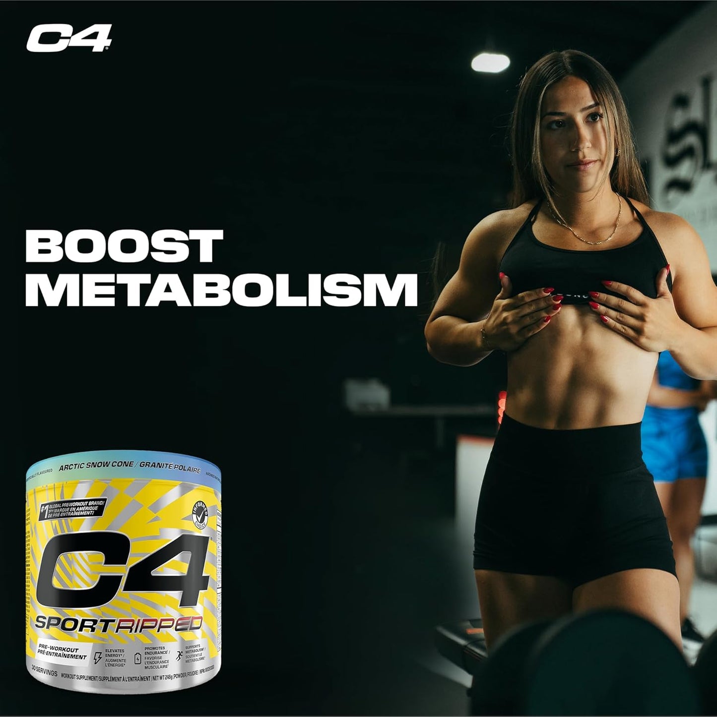 C4 SportRipped supplement container with a woman in a gym setting, promoting metabolism boost.