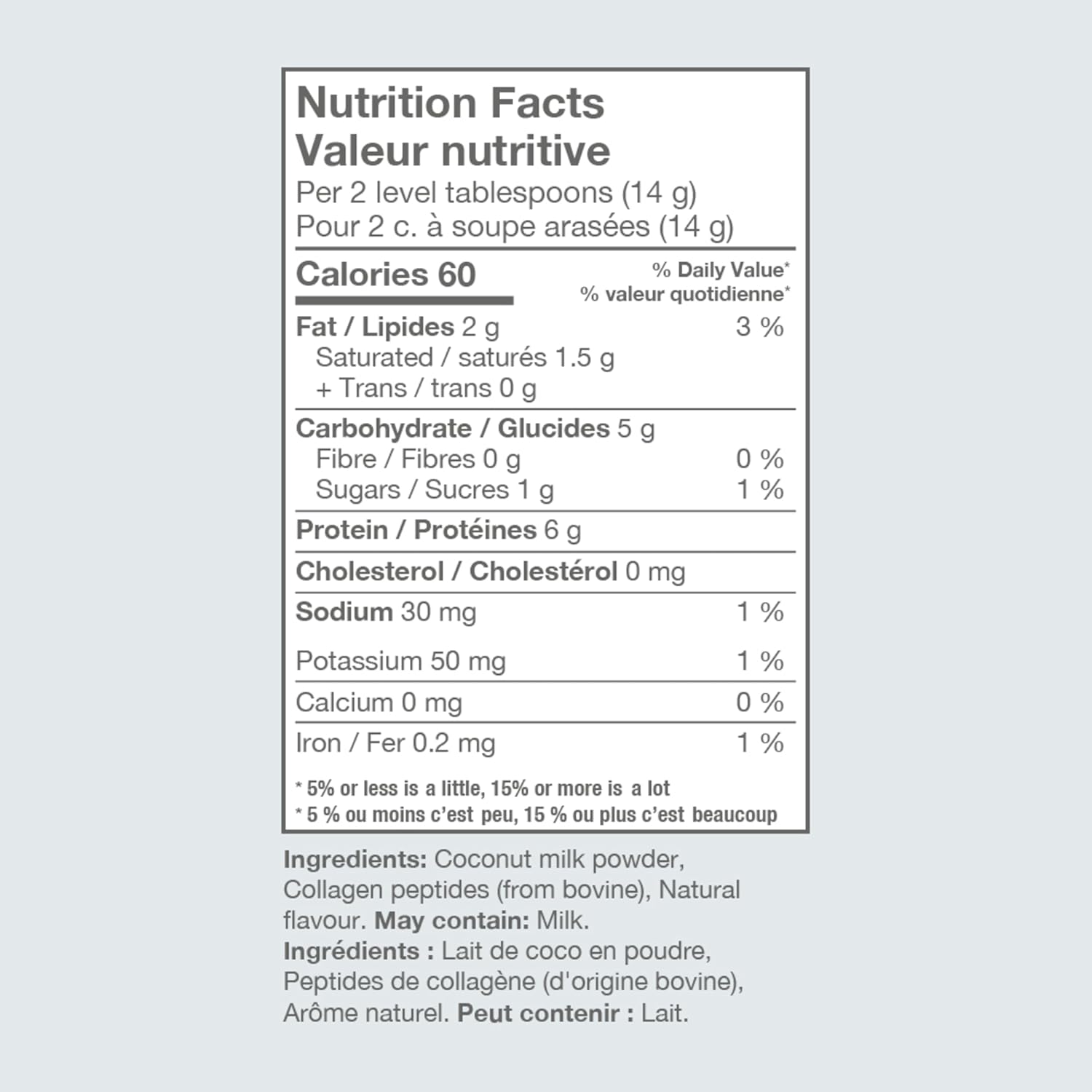 Nutrition facts label for a product on a light gray background