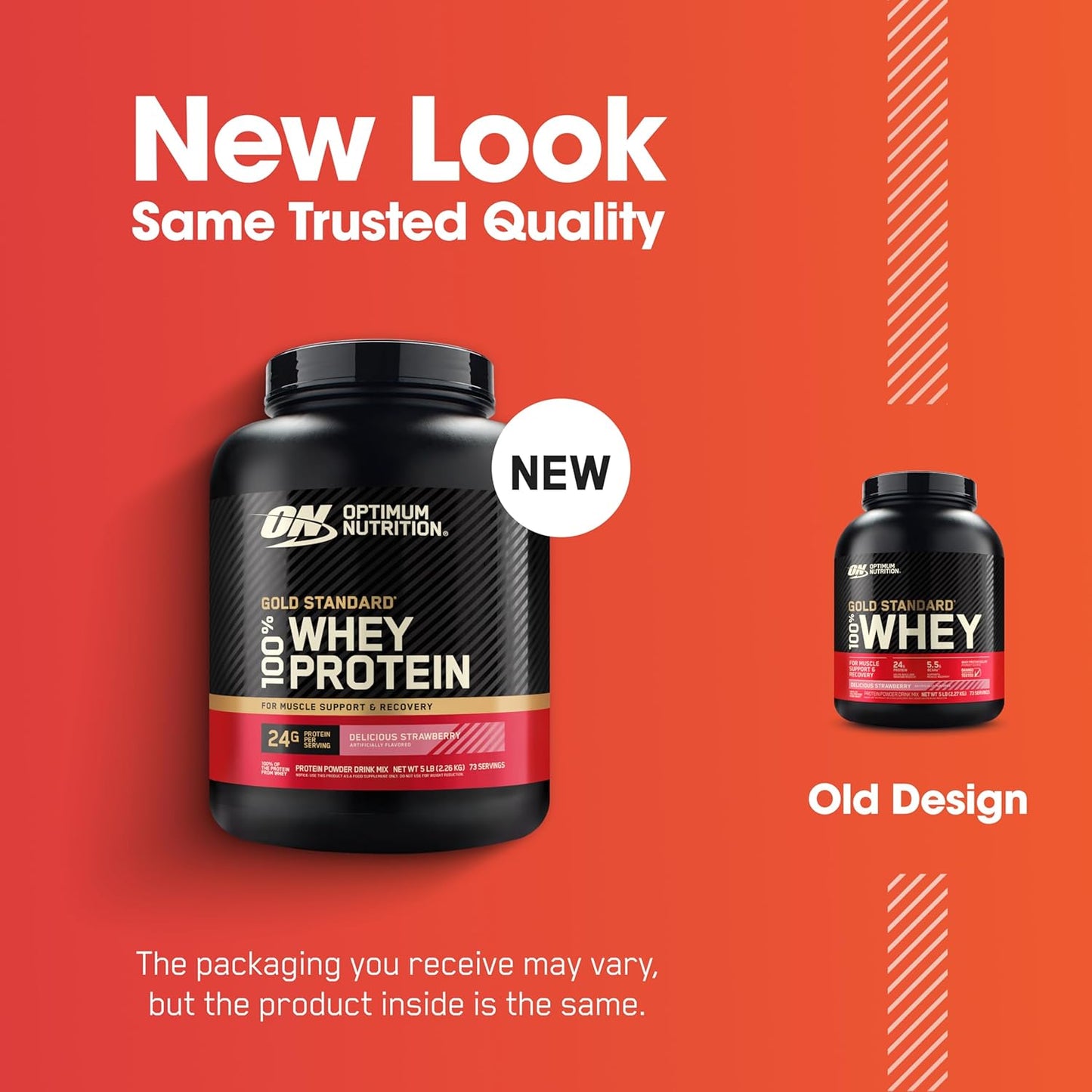 Optimum Nutrition Gold Standard 100% Whey Protein on an orange background with text about new packaging.