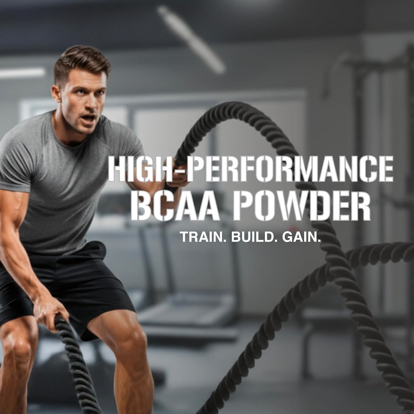 Man using battle ropes with text about high-performance BCAA powder in a gym setting