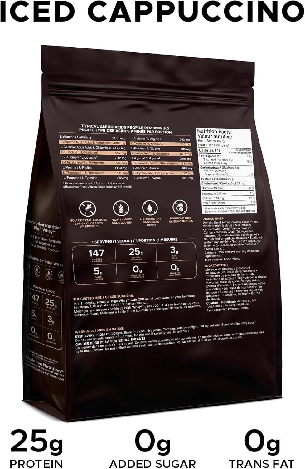 Dark brown coffee package with nutritional information on a white background