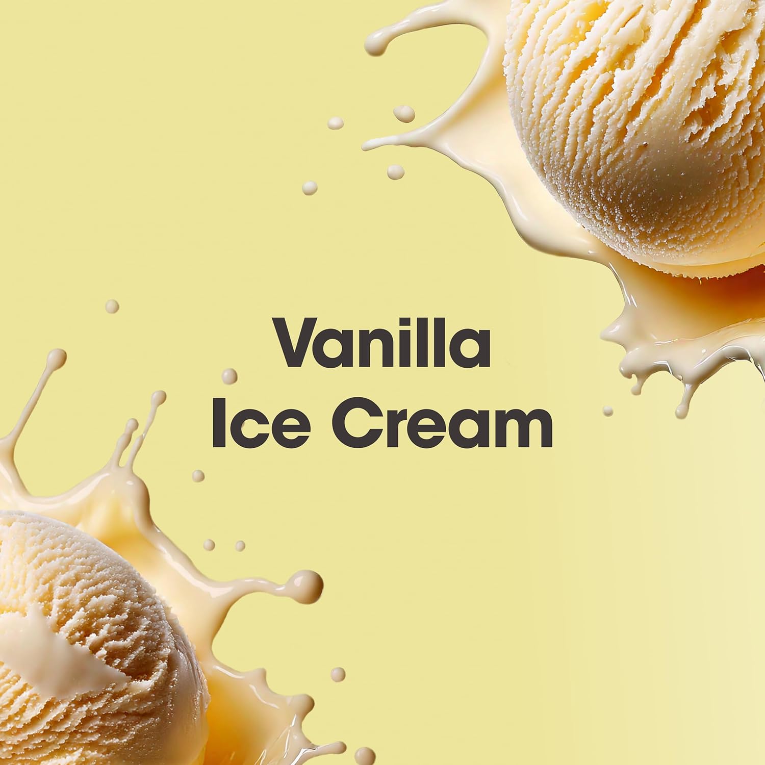 Vanilla ice cream with splashes on a yellow background, featuring the text 'Vanilla Ice Cream'.