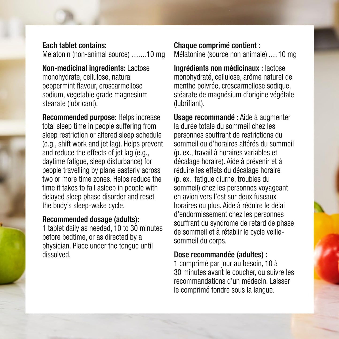 Product label with text on a blurred background of fruits