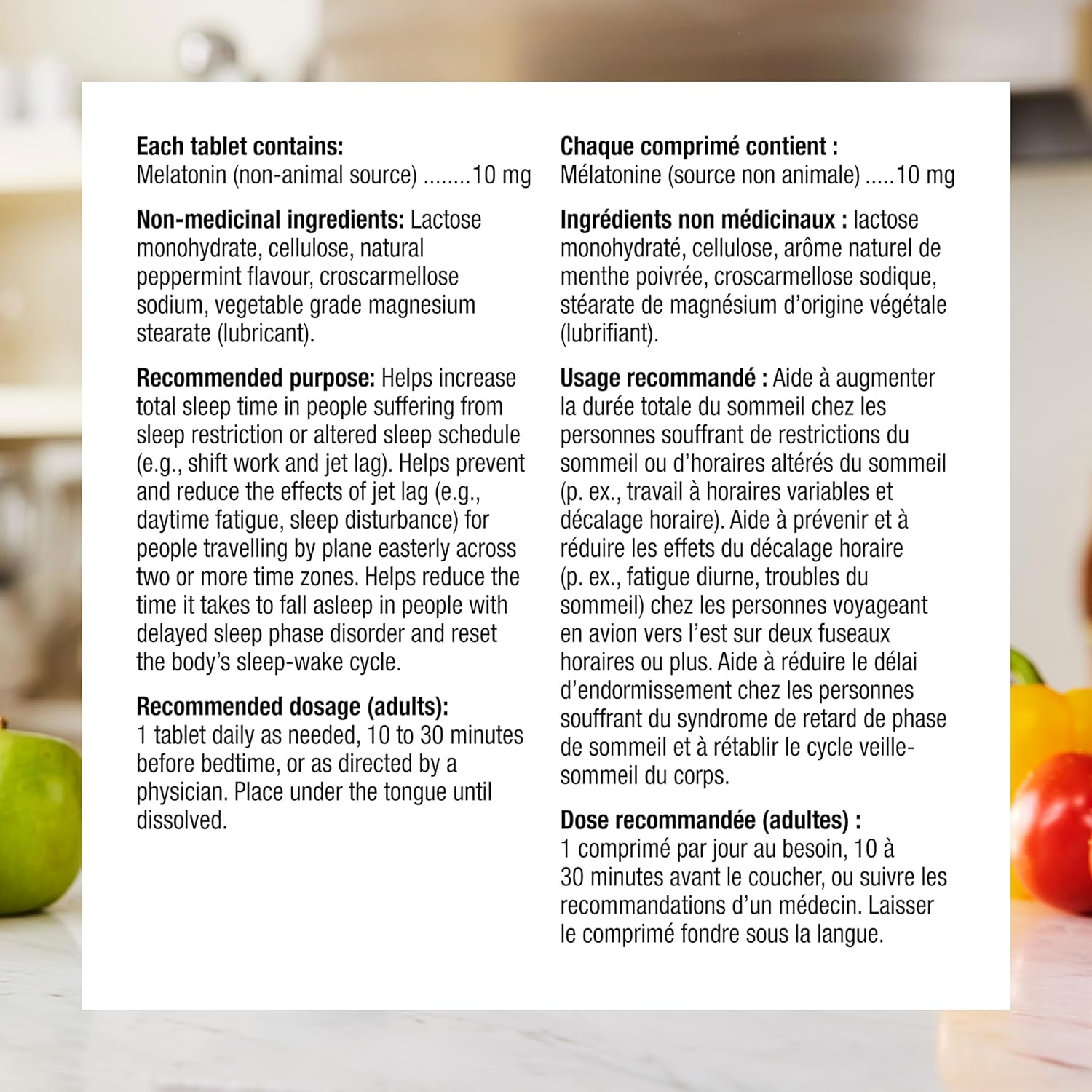Product label with text on a blurred background of fruits