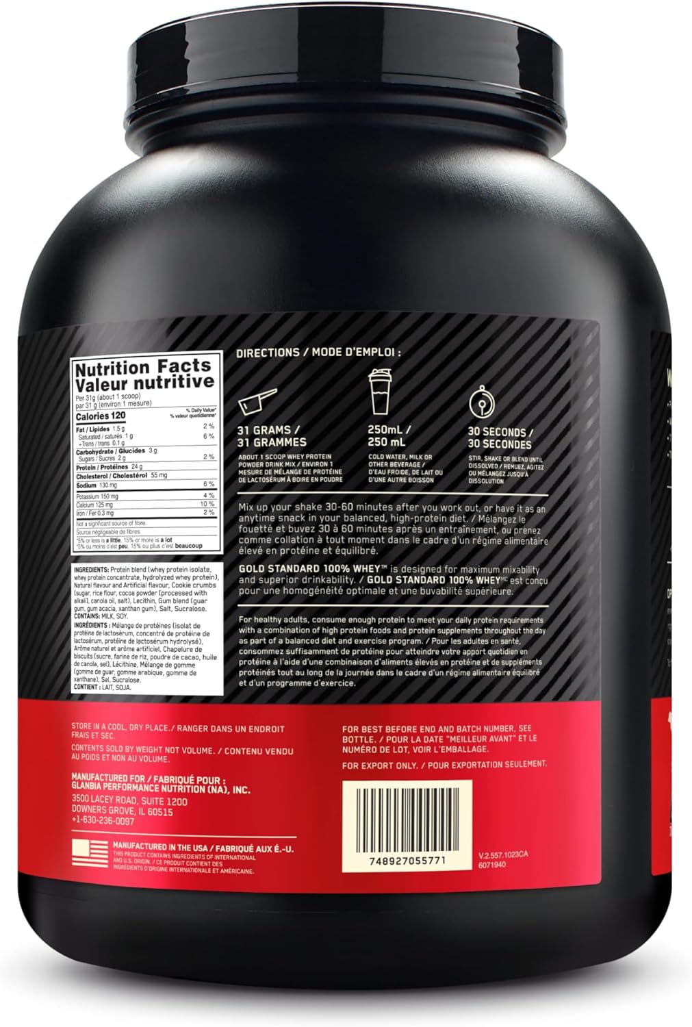 Black protein powder container with nutrition facts label on a white background