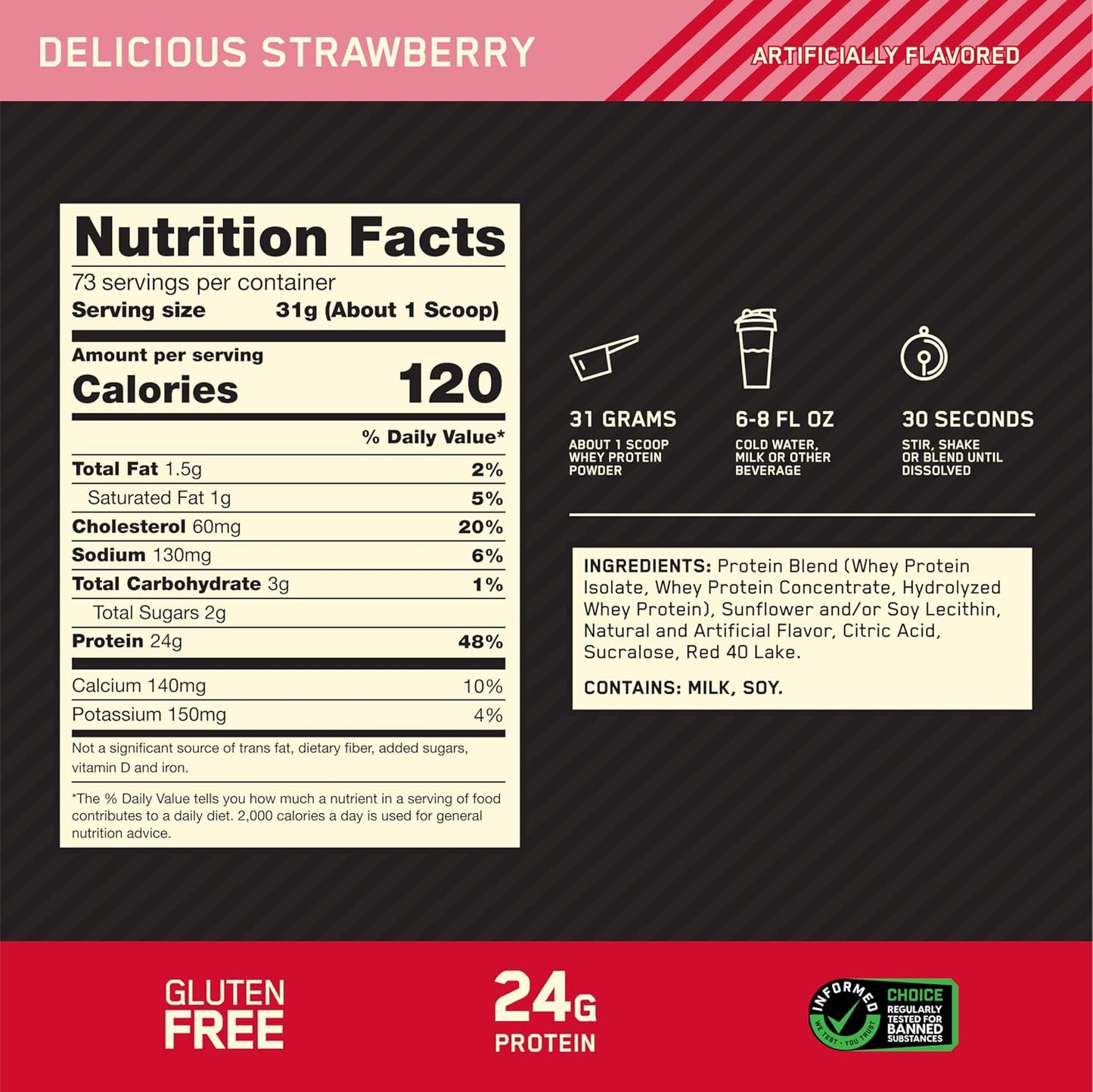 Nutrition facts label for a delicious strawberry flavored product with protein content and branding details.