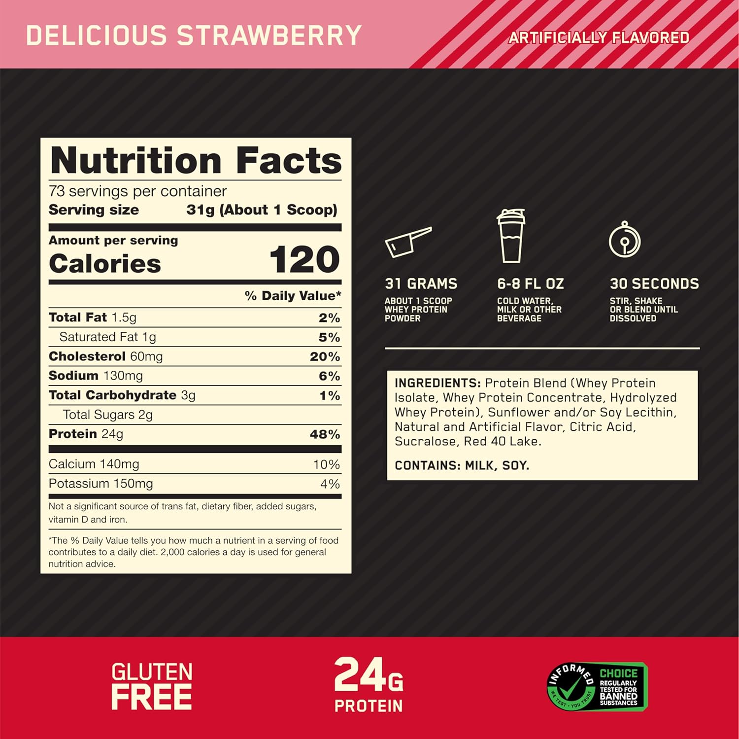 Nutrition facts label for a delicious strawberry flavored product with protein content and branding details.