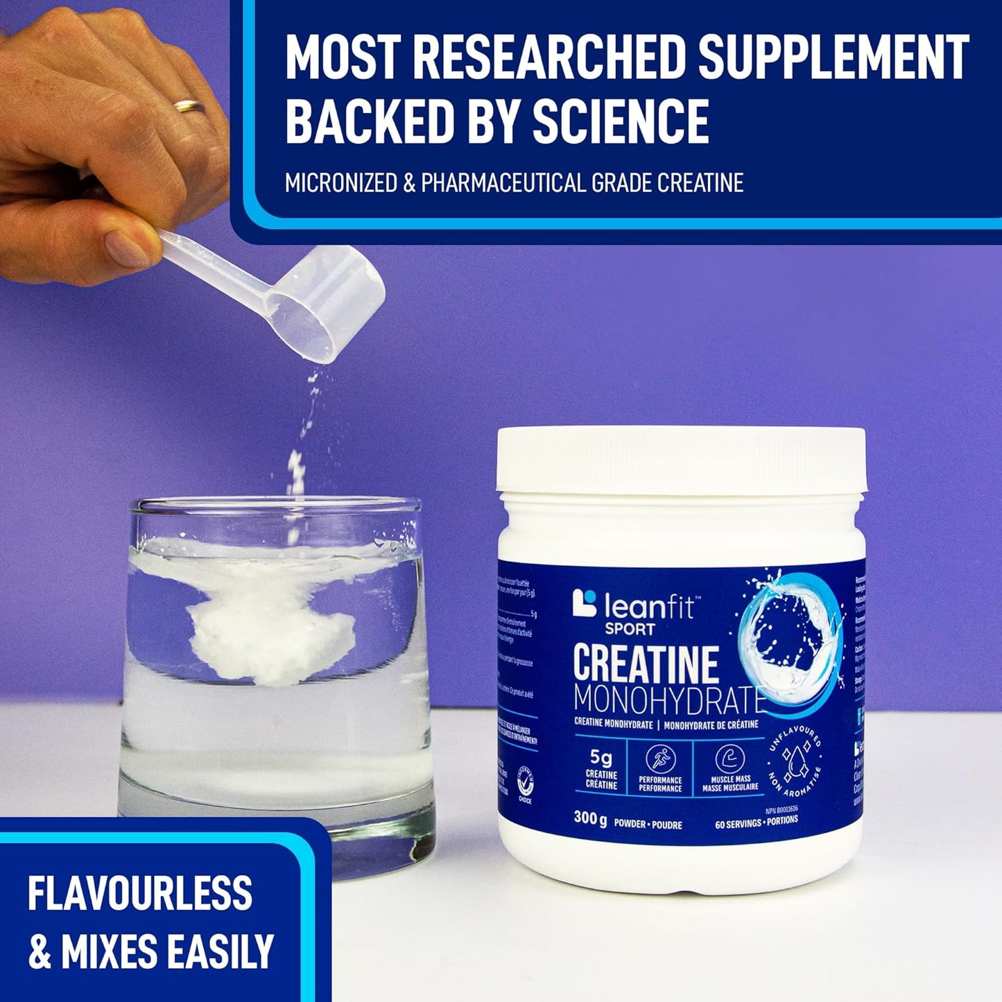 Creatine monohydrate supplement being poured into a glass with a purple background