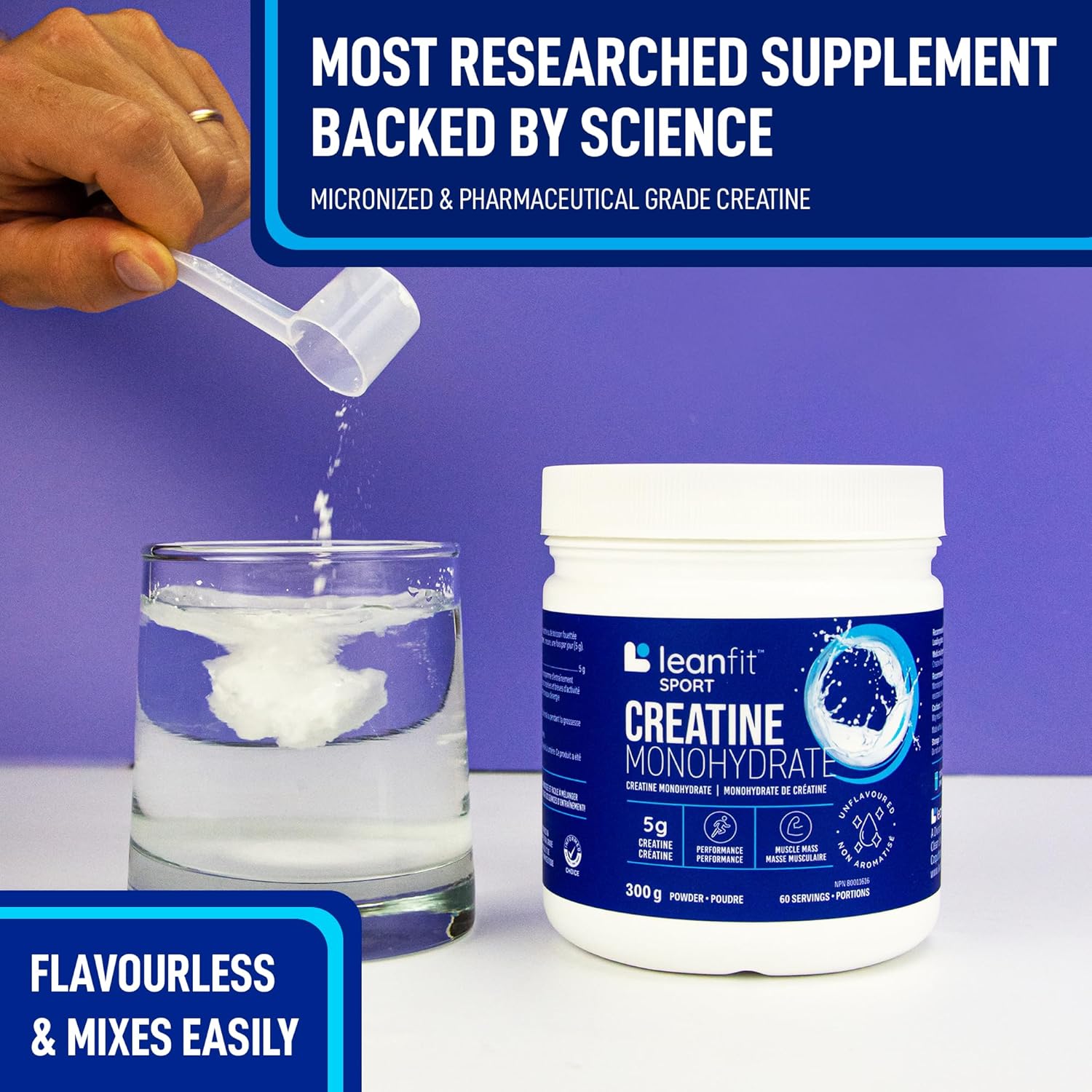 Creatine monohydrate supplement being poured into a glass with a purple background