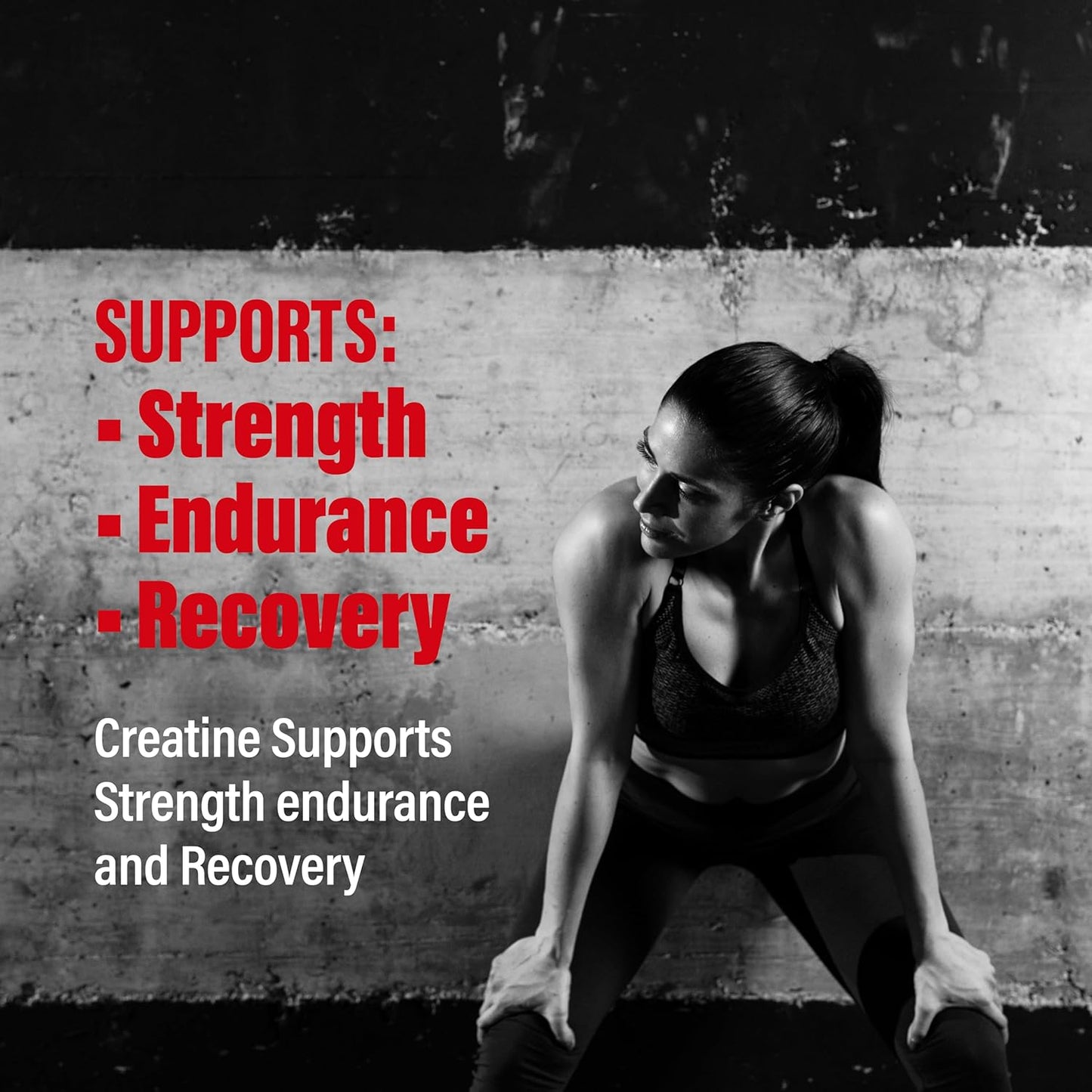 Woman in workout attire sitting on a concrete surface with text about creatine benefits.