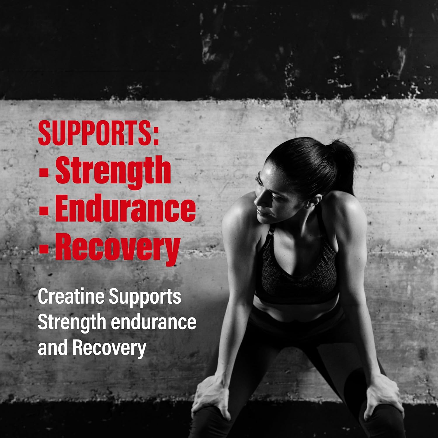 Woman in workout attire sitting on a concrete surface with text about creatine benefits.