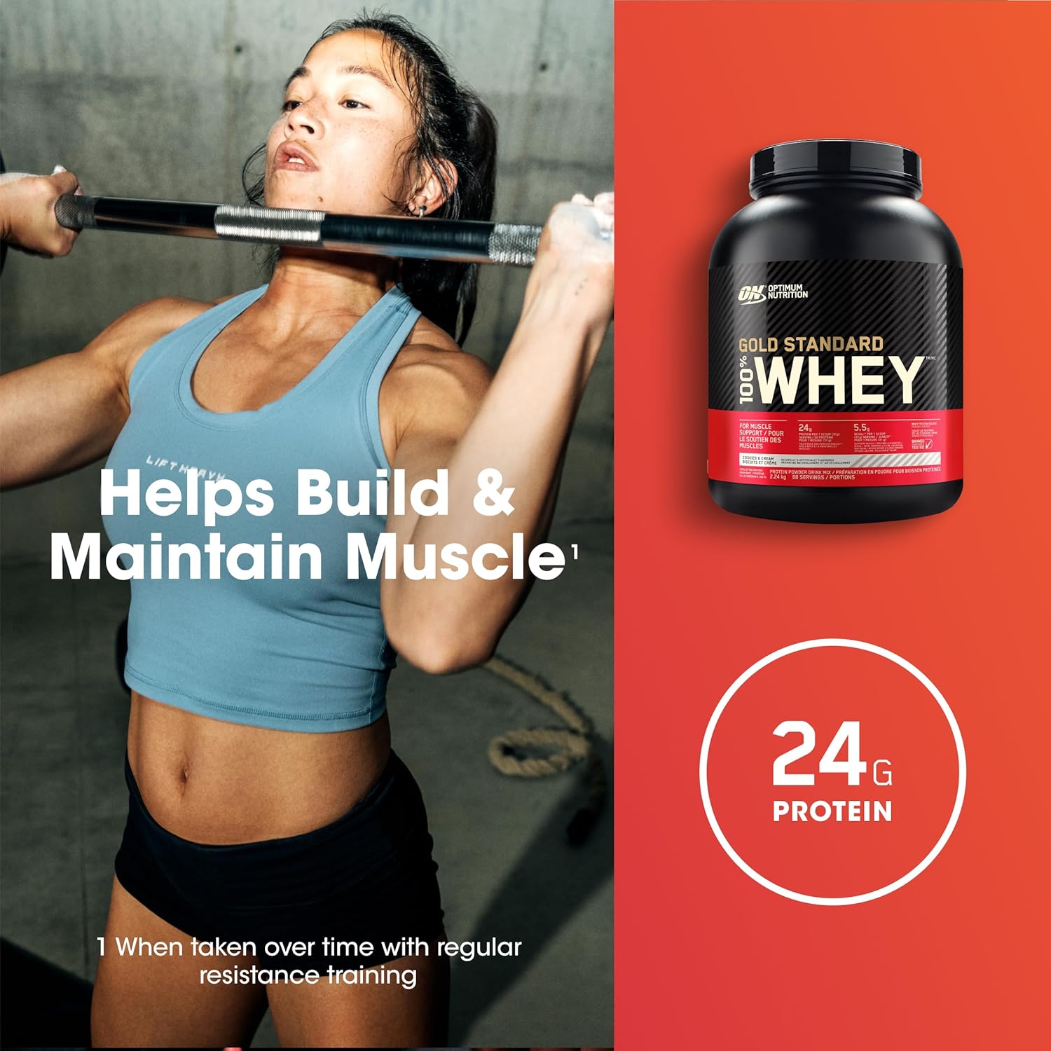 Woman lifting weights with a container of Optimum Nutrition Gold Standard 100% Whey protein on an orange background.