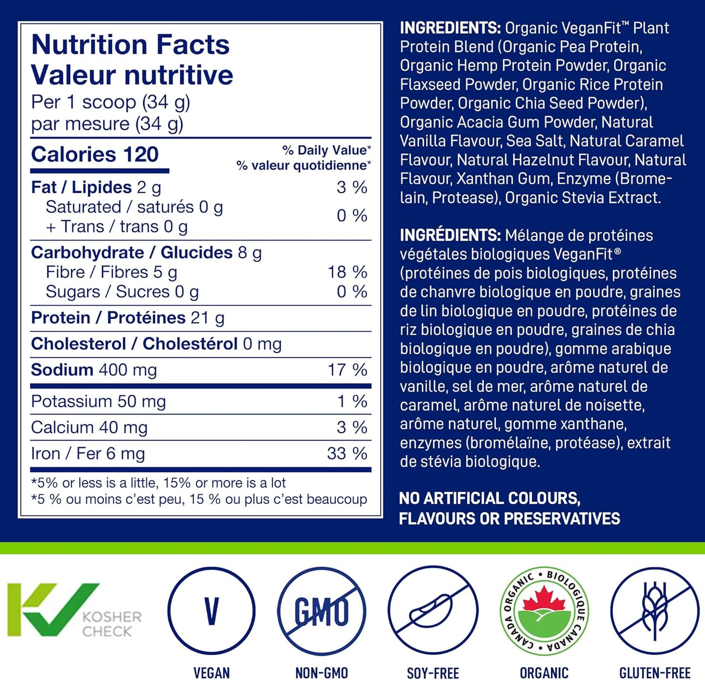 Nutrition facts label and ingredient list for a protein powder product on a blue background.