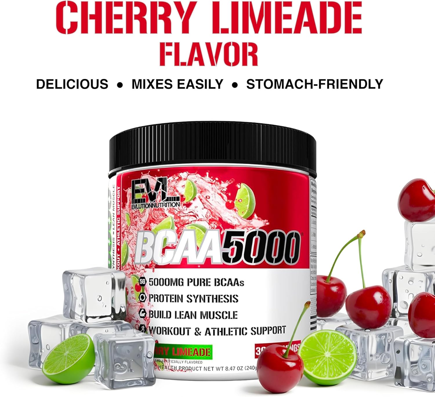 BCAA5000 supplement container with cherry limeade flavor on a white background