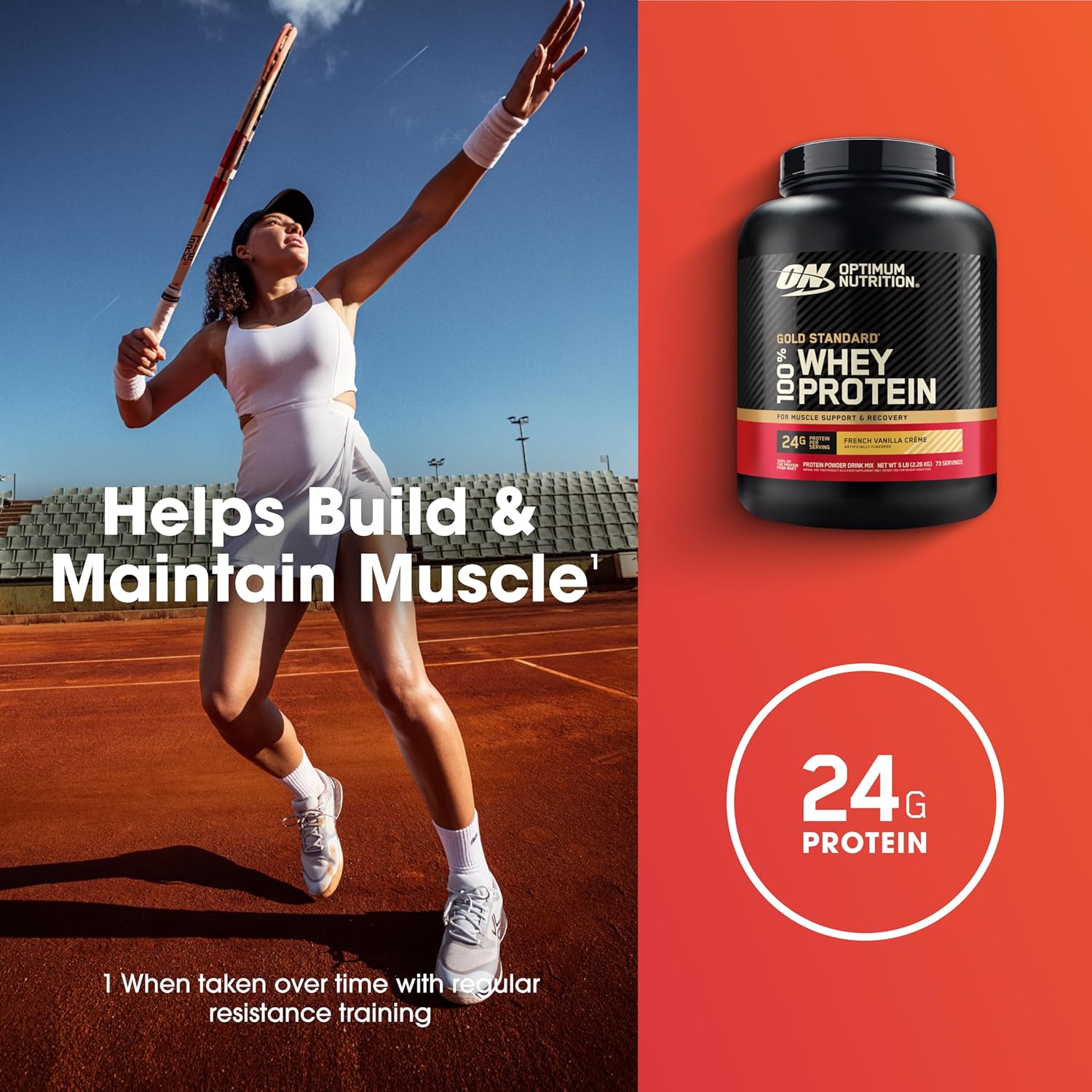 Woman playing tennis with Optimum Nutrition whey protein container on an orange background