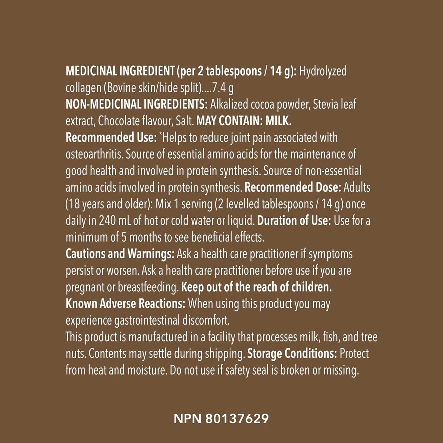 Product label with medicinal and non-medicinal ingredient information on a brown background