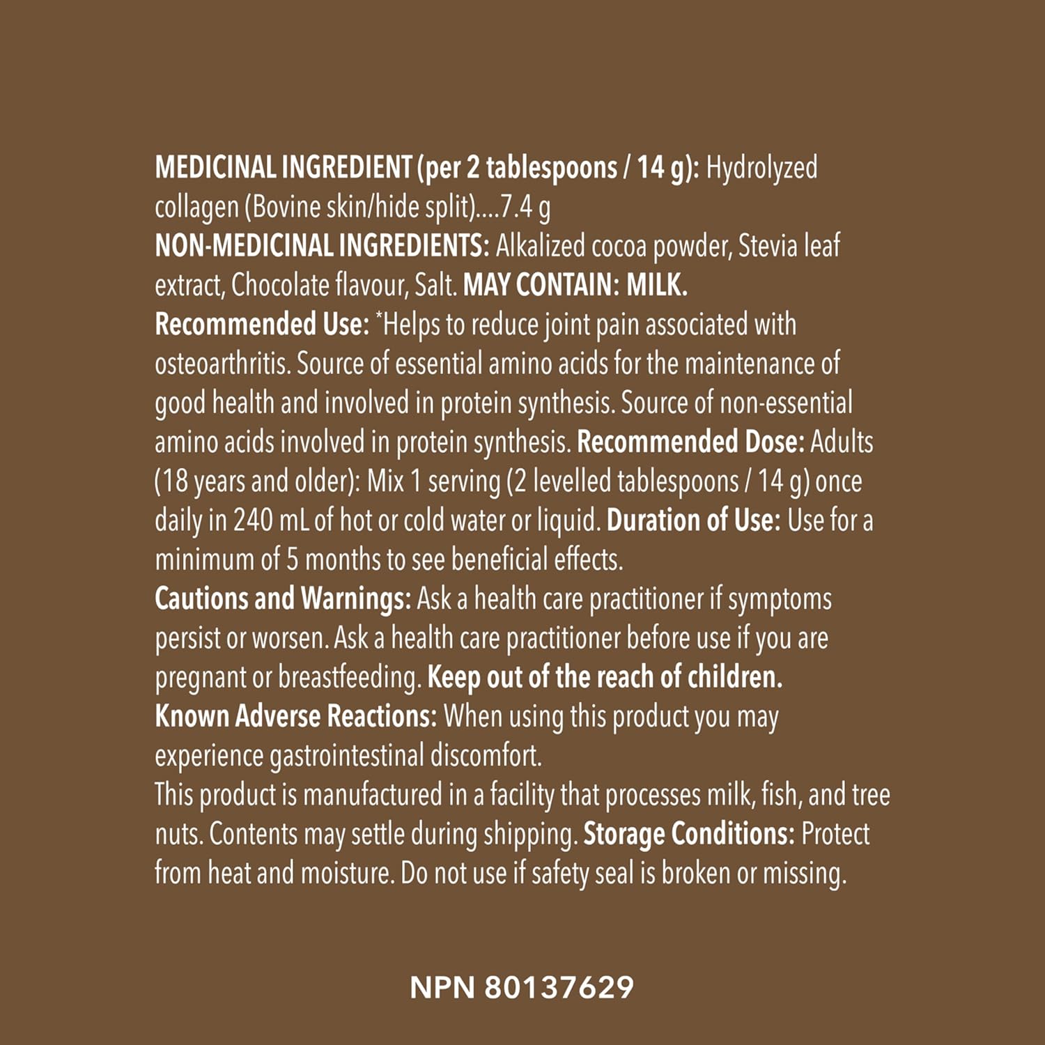 Product label with medicinal and non-medicinal ingredient information on a brown background
