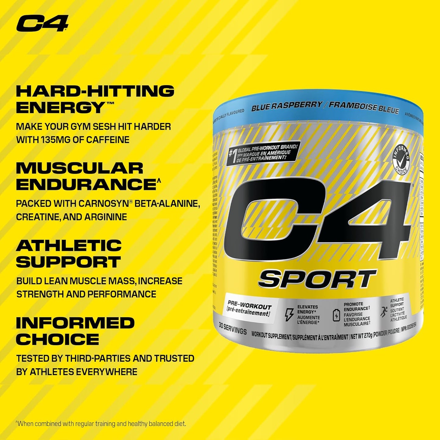 C4 Sport supplement container with yellow background and text highlighting energy, endurance, and support benefits.
