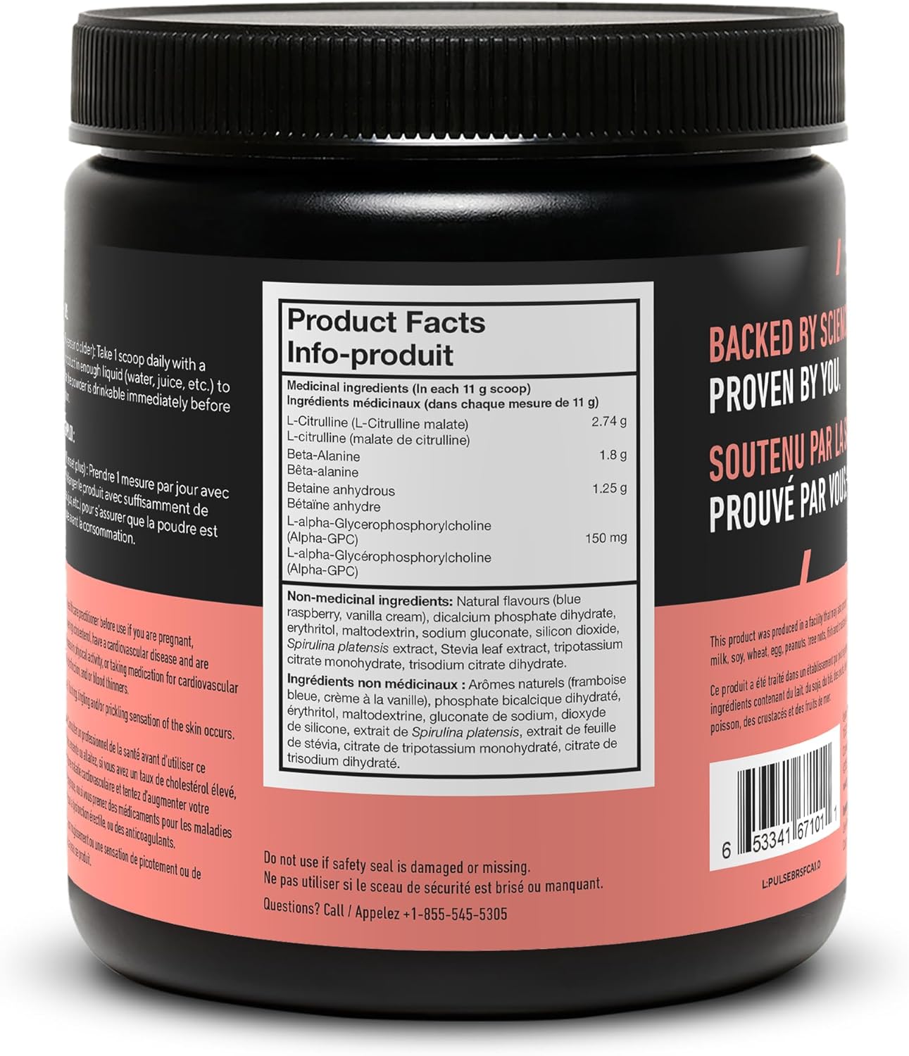 Supplement container with label showing product facts on a white background