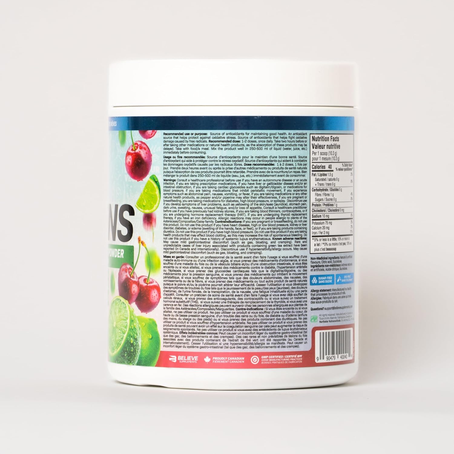 Container of protein powder with a colorful label on a white background
