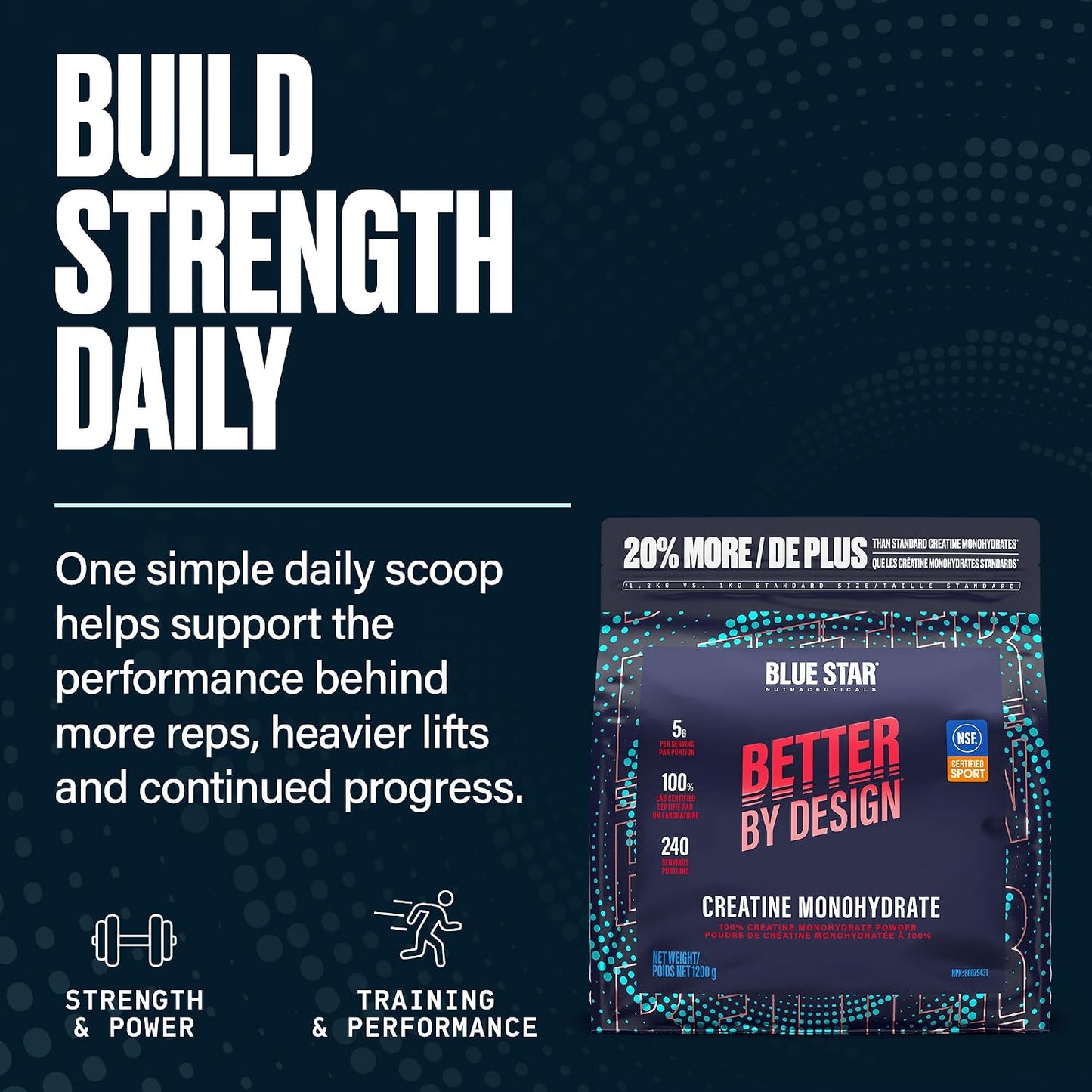 Promotional graphic for Blue Star Better By Design Creatine Monohydrate, showing the product packaging on the right against a dark blue background with the slogan 'BUILD STRENGTH DAILY' on the left.