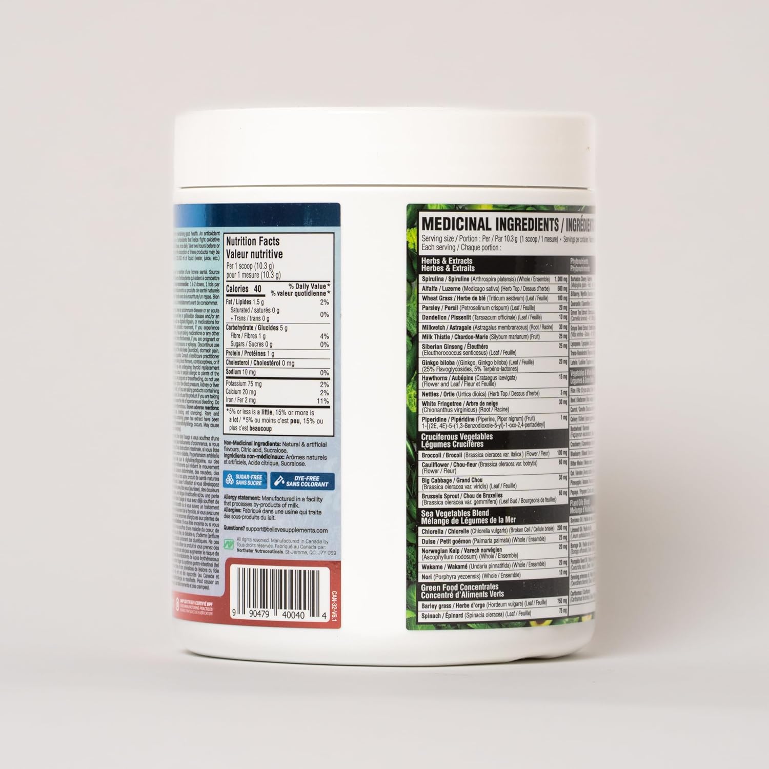 Back label of a supplement container with nutritional information on a white background