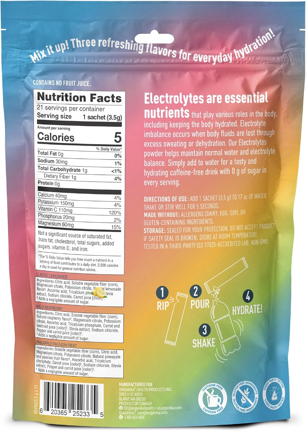 Colorful package of a sports drink mix with nutritional information and usage instructions.