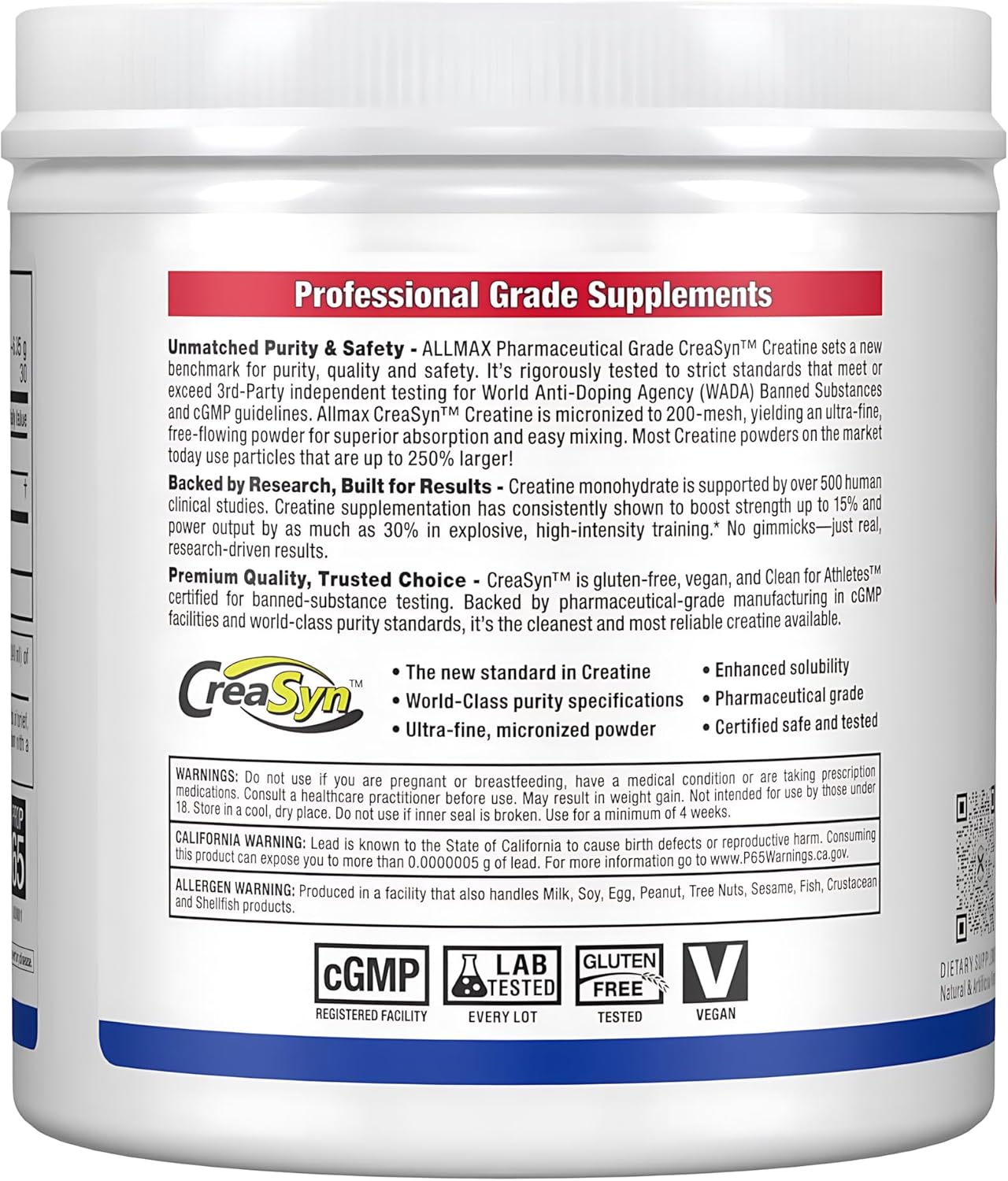 Supplement container with label detailing professional grade supplements