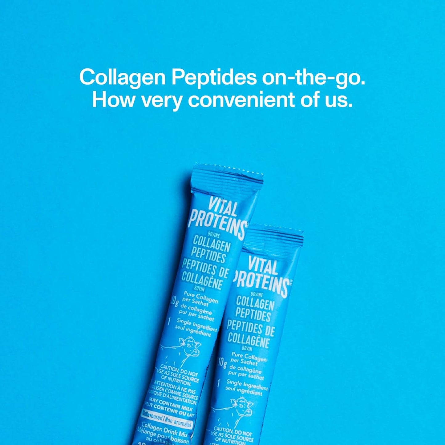 Two packets of Vital Proteins Collagen Peptides on a blue background with text.
