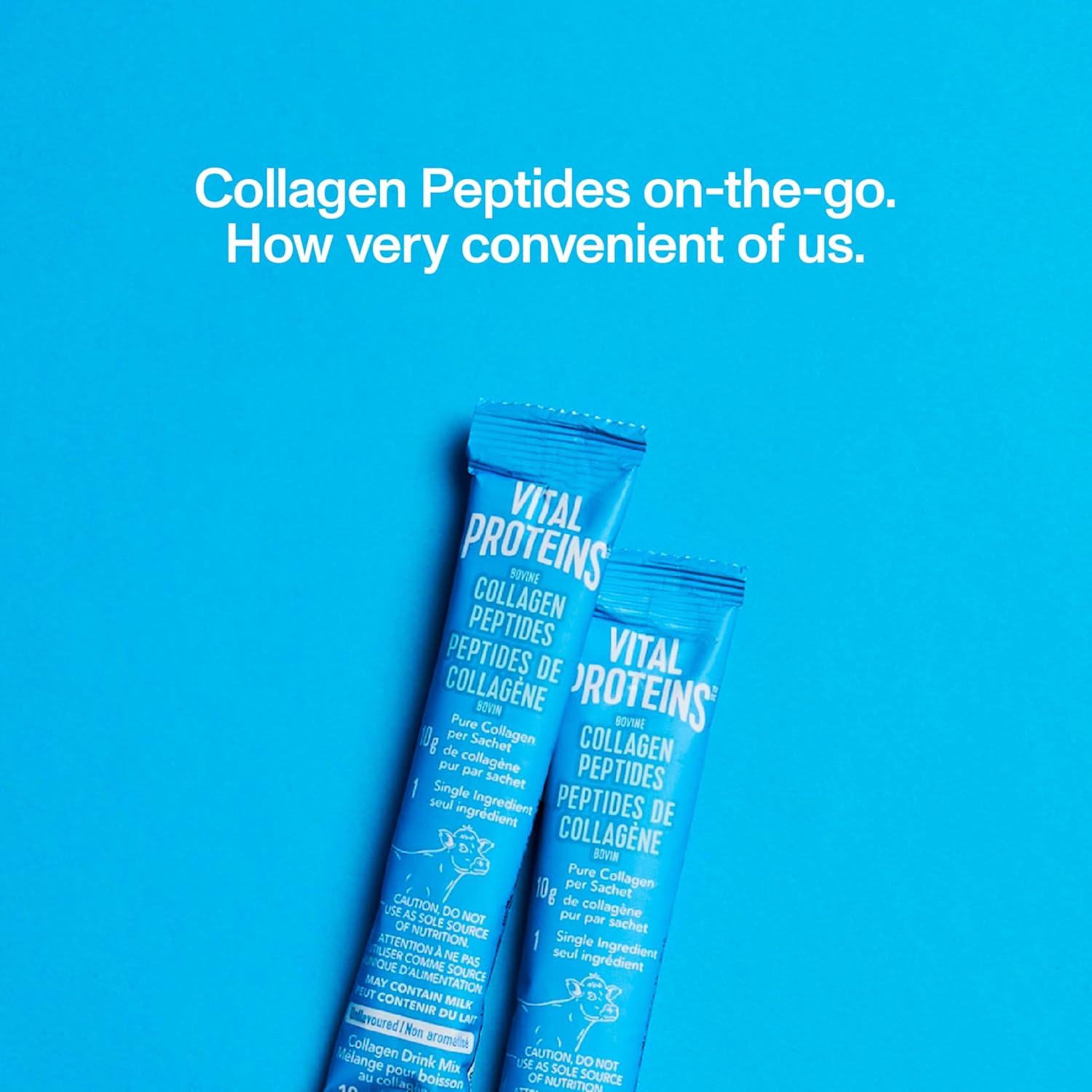 Two packets of Vital Proteins Collagen Peptides on a blue background with text.