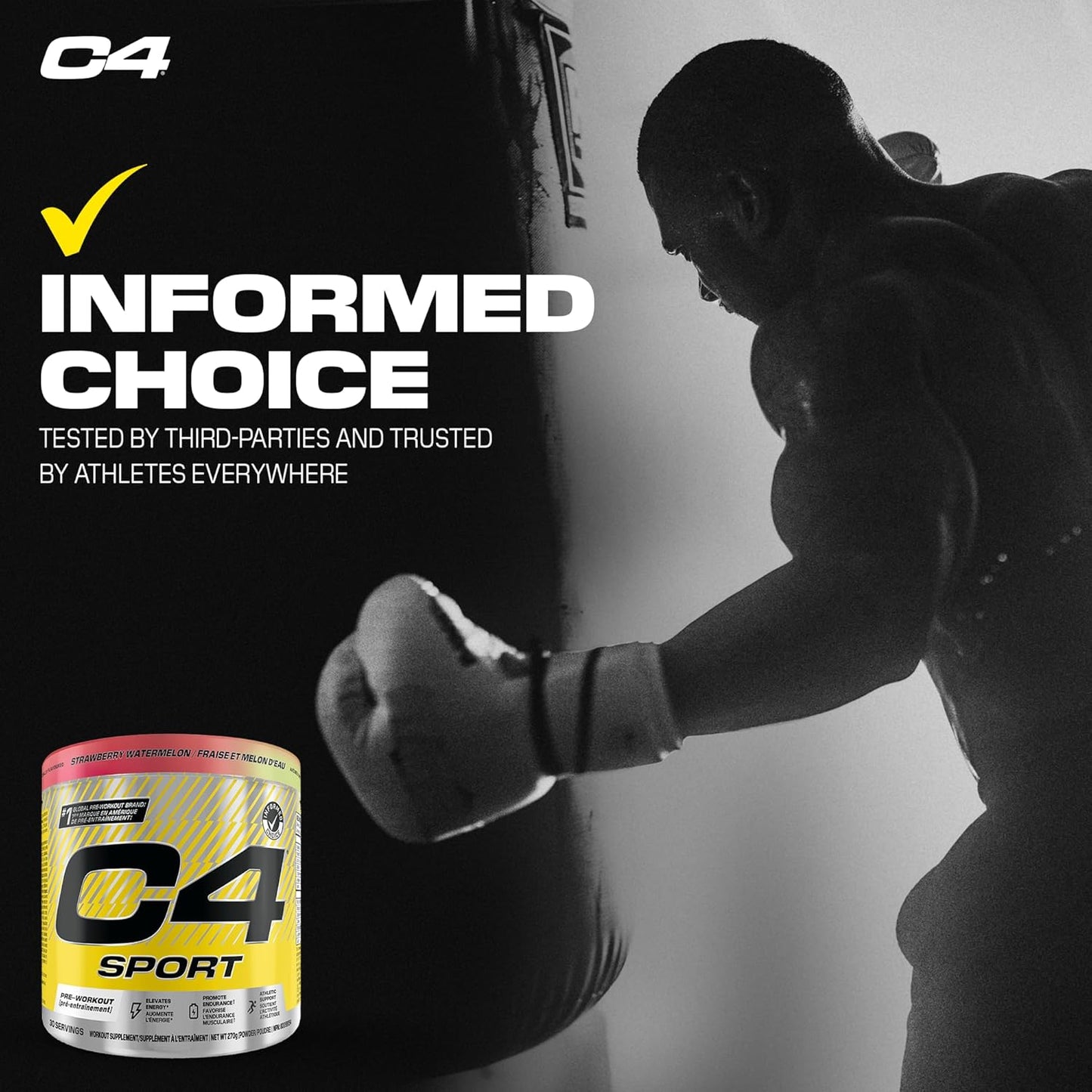 C4 Sport supplement container with a silhouette of a person punching a bag, featuring the text 'Informed Choice'.