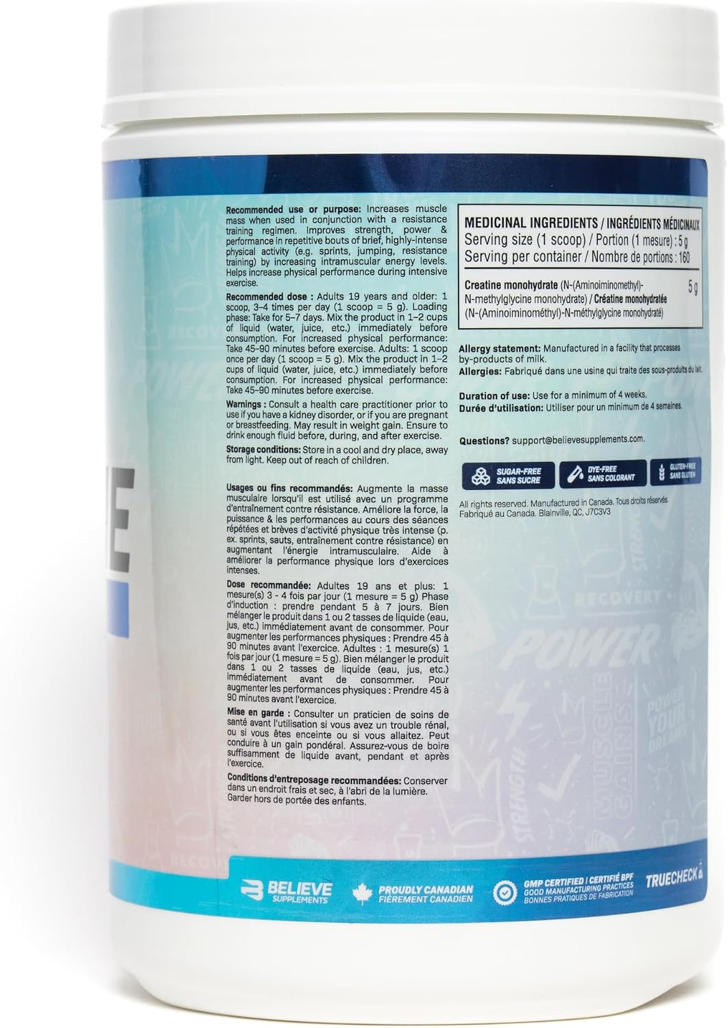 Back view of a white plastic supplement tub with a white cap, showing detailed bilingual (English and French) nutritional facts, ingredients, and usage instructions on a light gray background.