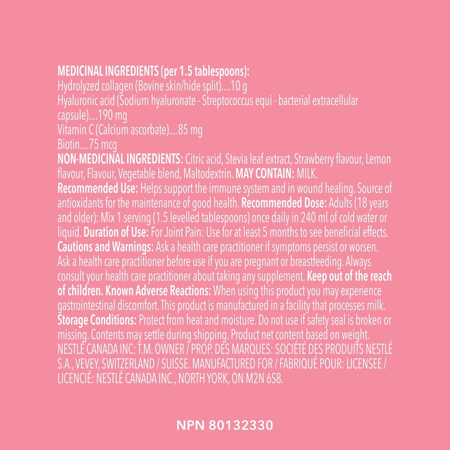 Product label with medicinal and non-medicinal ingredients on a pink background