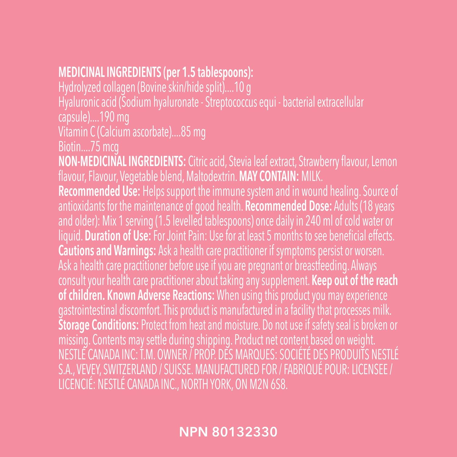 Product label with medicinal and non-medicinal ingredients on a pink background