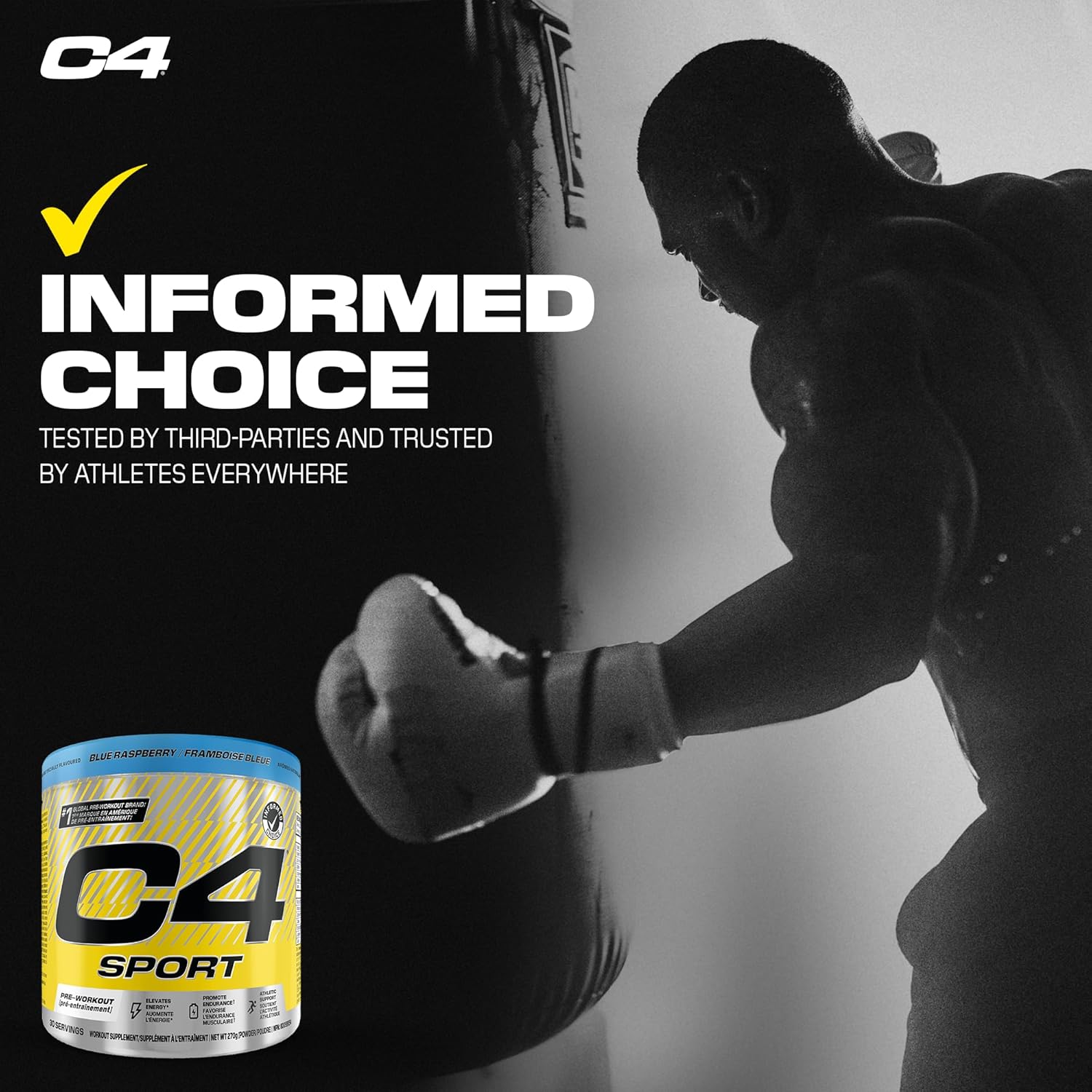 Person punching a bag with C4 Sport supplement container in foreground, featuring C4 brand logo.