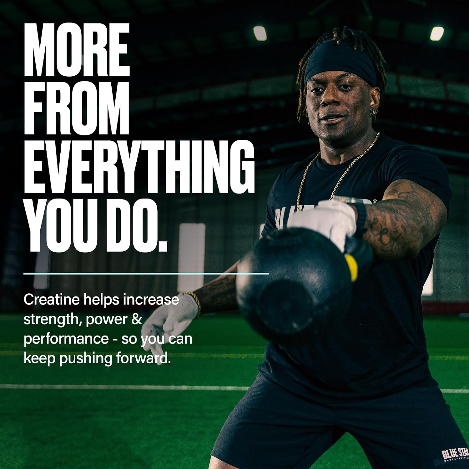 A man in a black athletic outfit and headband is training with a kettlebell in a dark indoor gym, with large white promotional text on the left reading 'MORE FROM EVERYTHING YOU DO.'.
