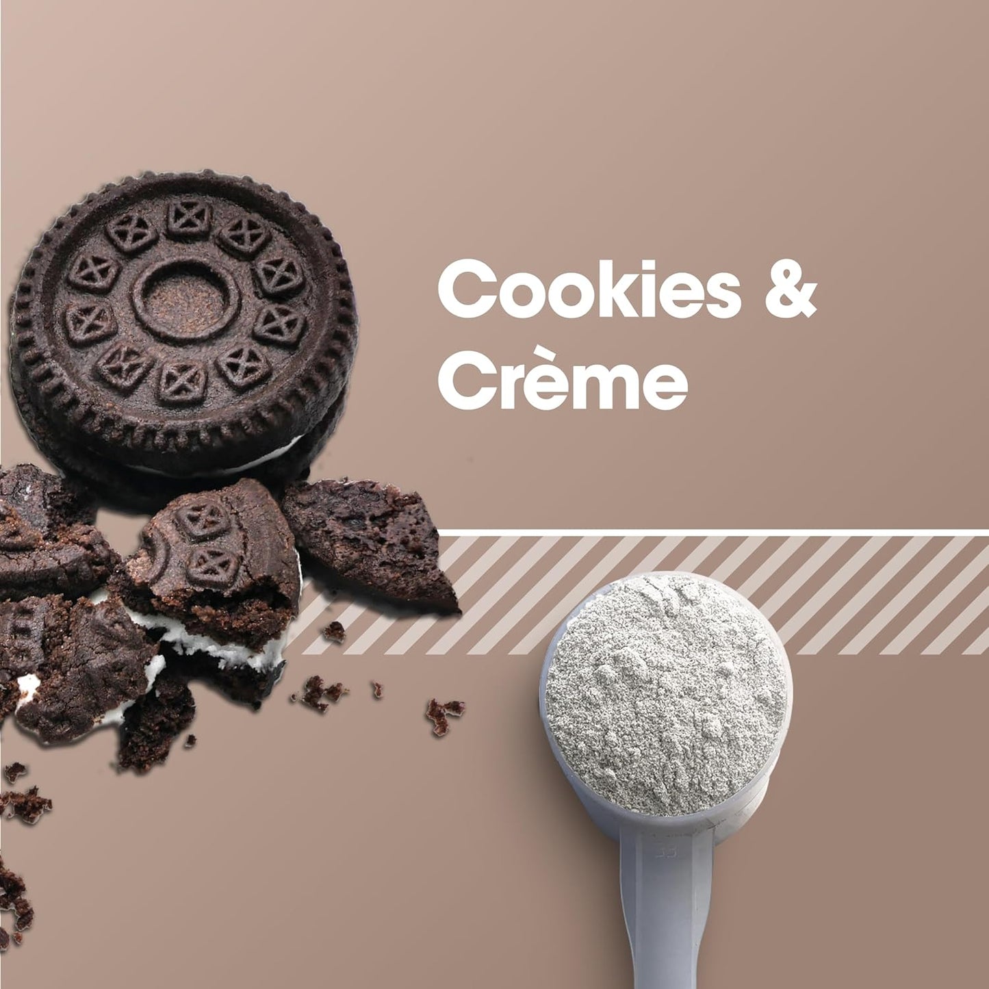 Cookies & Crème cookies with a scoop of powder on a brown background