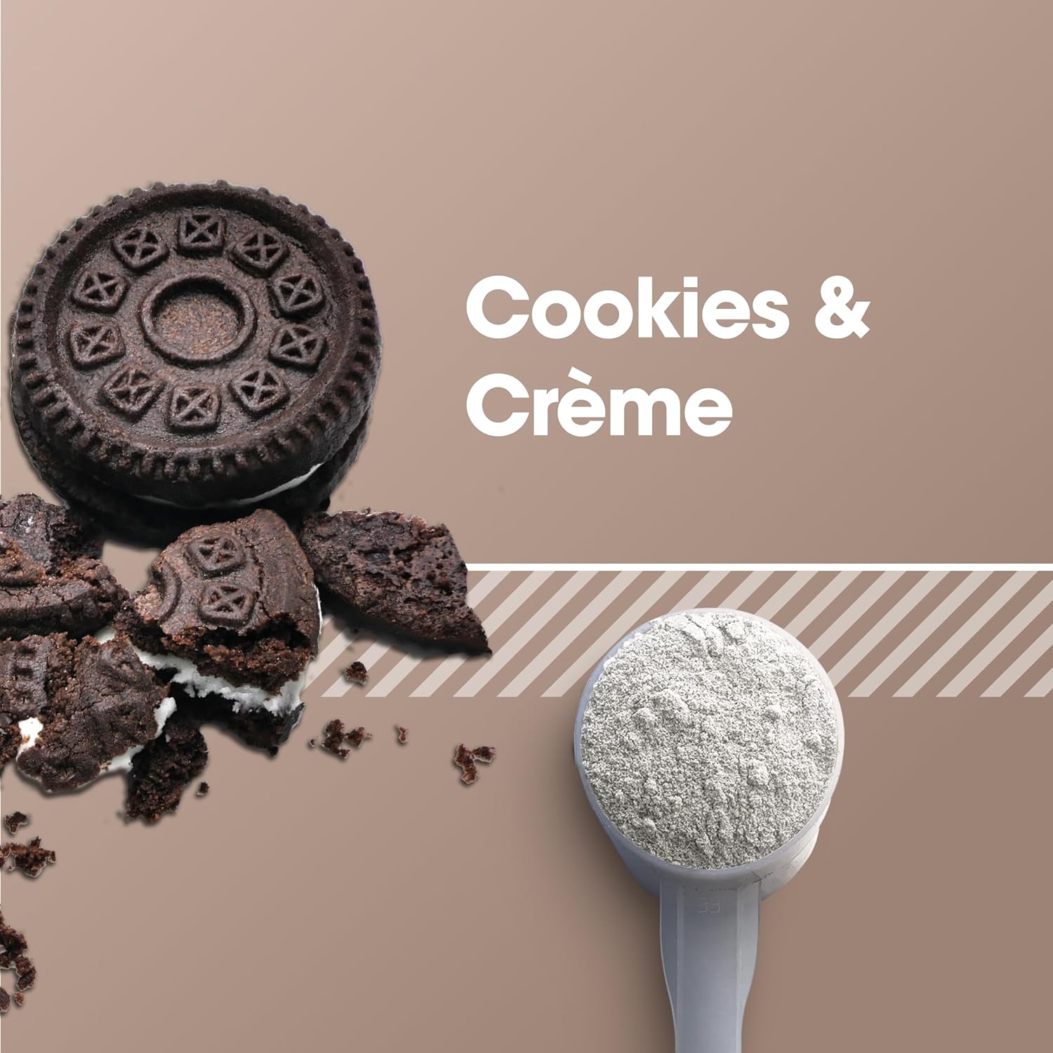 Cookies & Crème cookies with a scoop of powder on a brown background