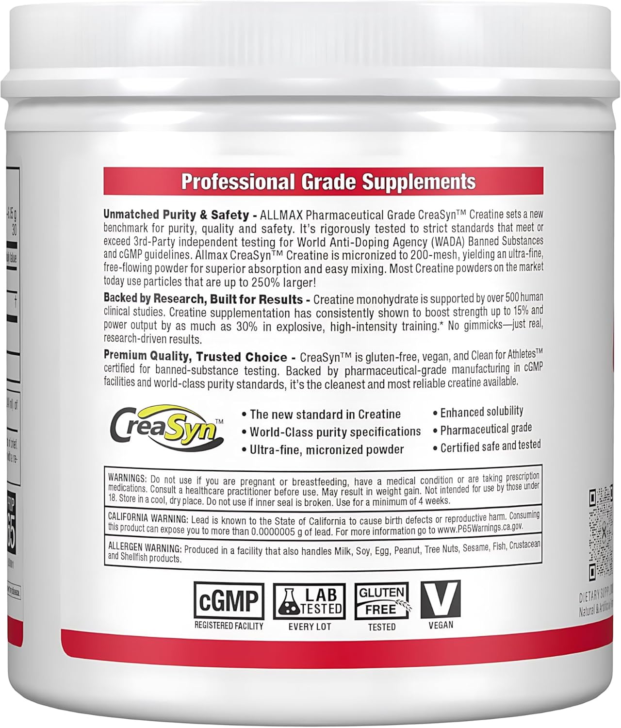 Container of CreaSyn professional grade supplements with label details.