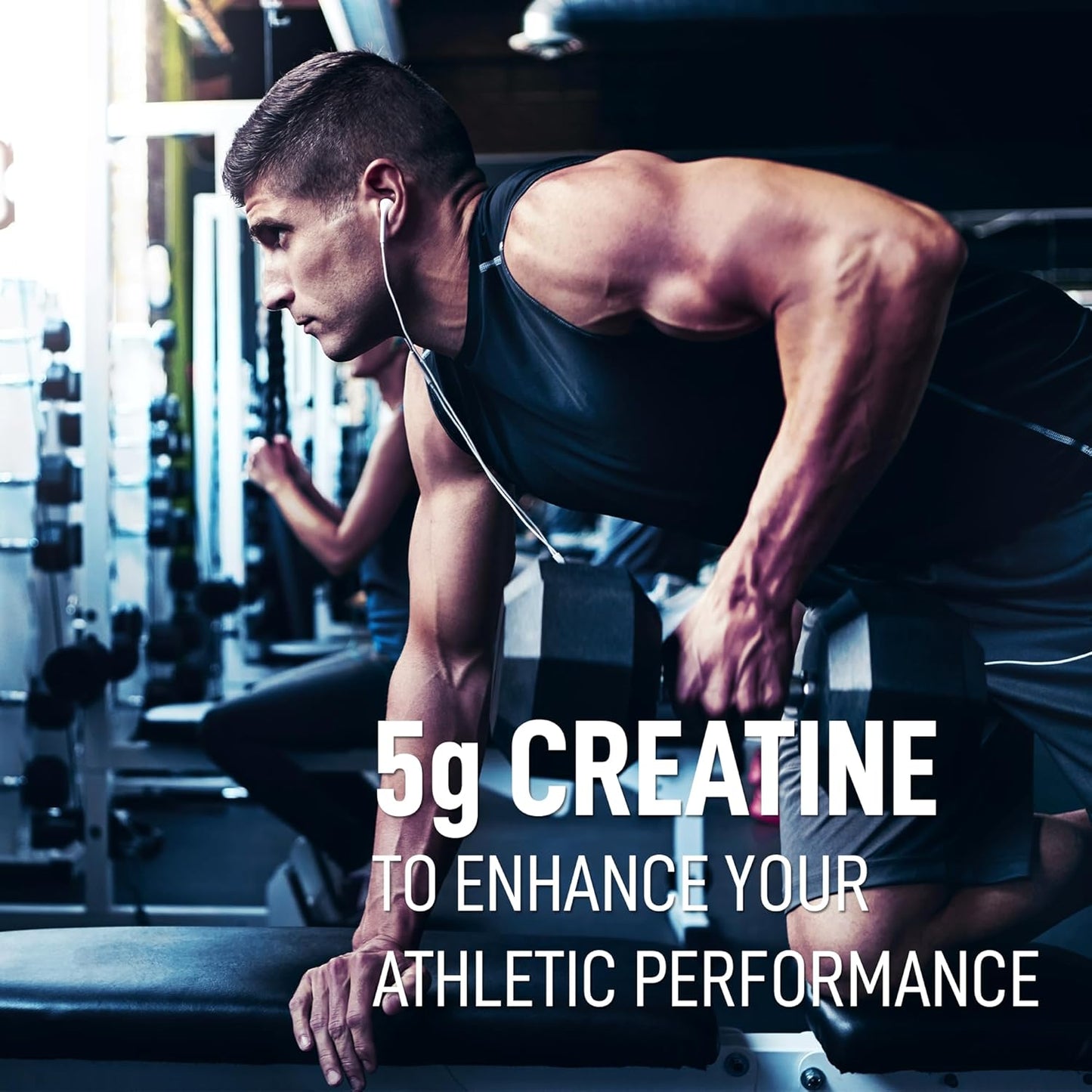 Muscular man in a gym setting with text about creatine supplement